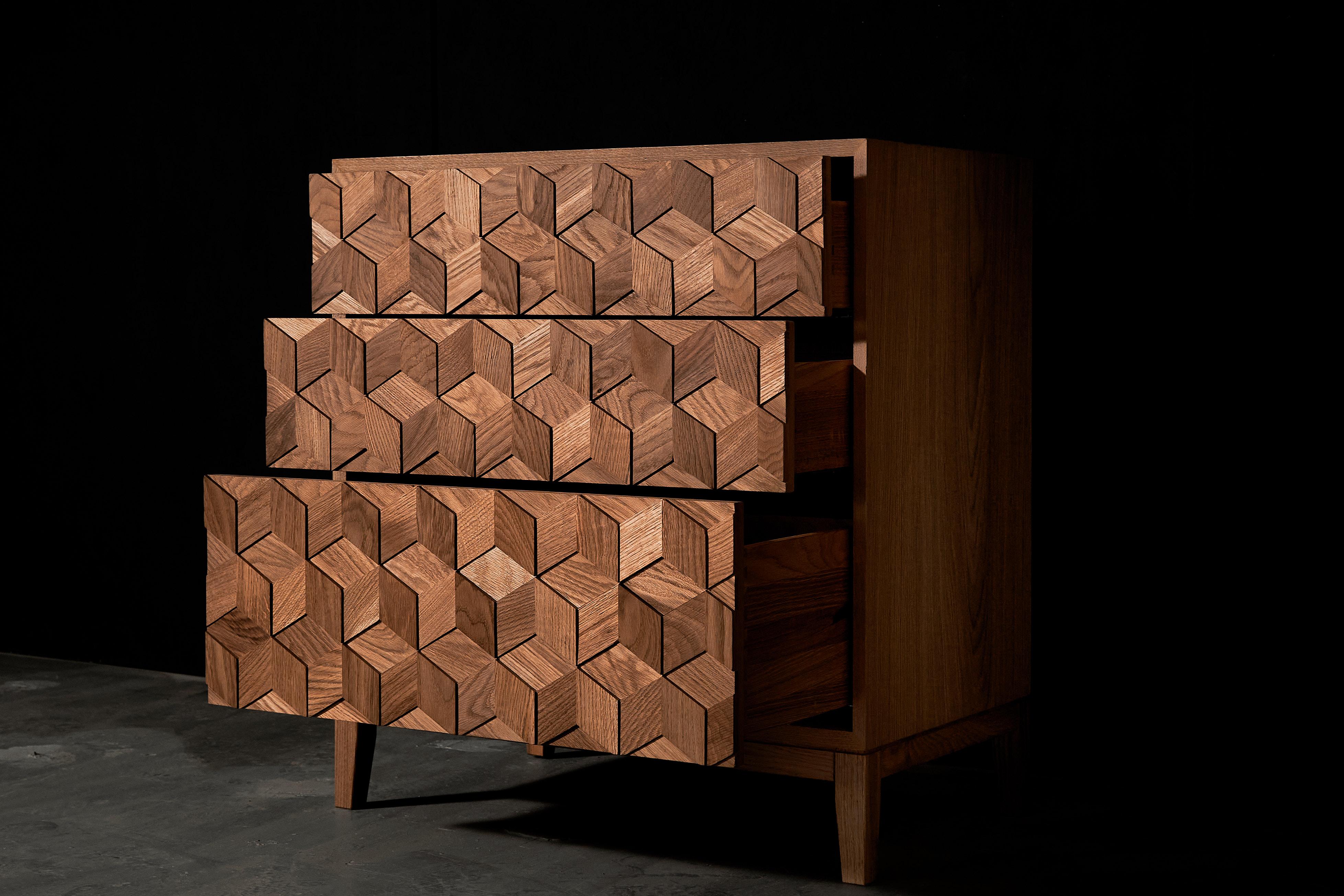 Contemporary Commode in Solid Oak with Hexagon Oak Mosaic + 3D Model For Sale 2