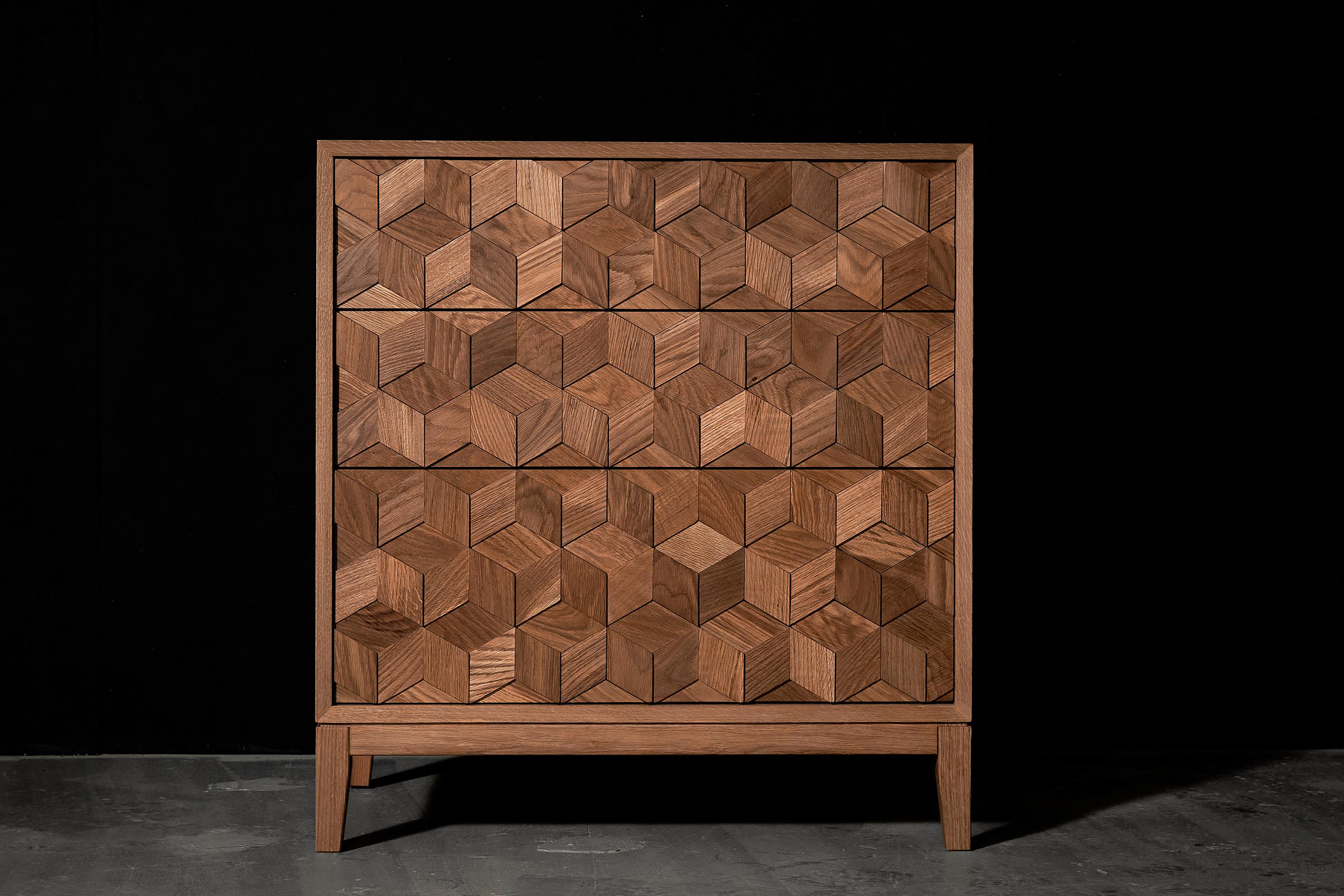 Contemporary Commode in Solid Oak with Hexagon Oak Mosaic + 3D Model For Sale 3