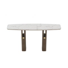Contemporary Console Featuring Wooden Legs, Marble Top, and Metal Accents