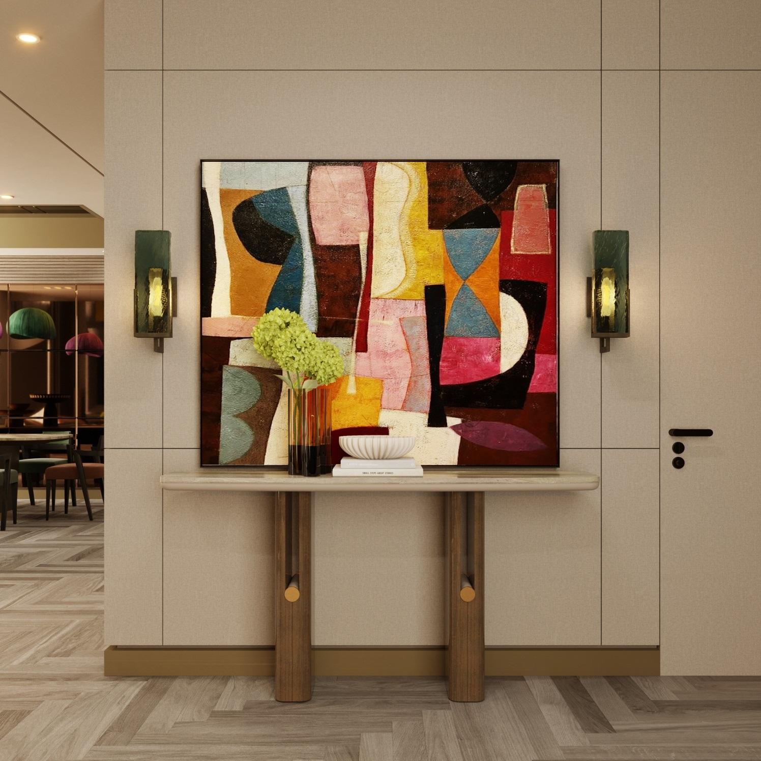Moderne Console contemporaine avec pieds en bois, plateau en marbre et accents métalliques en vente