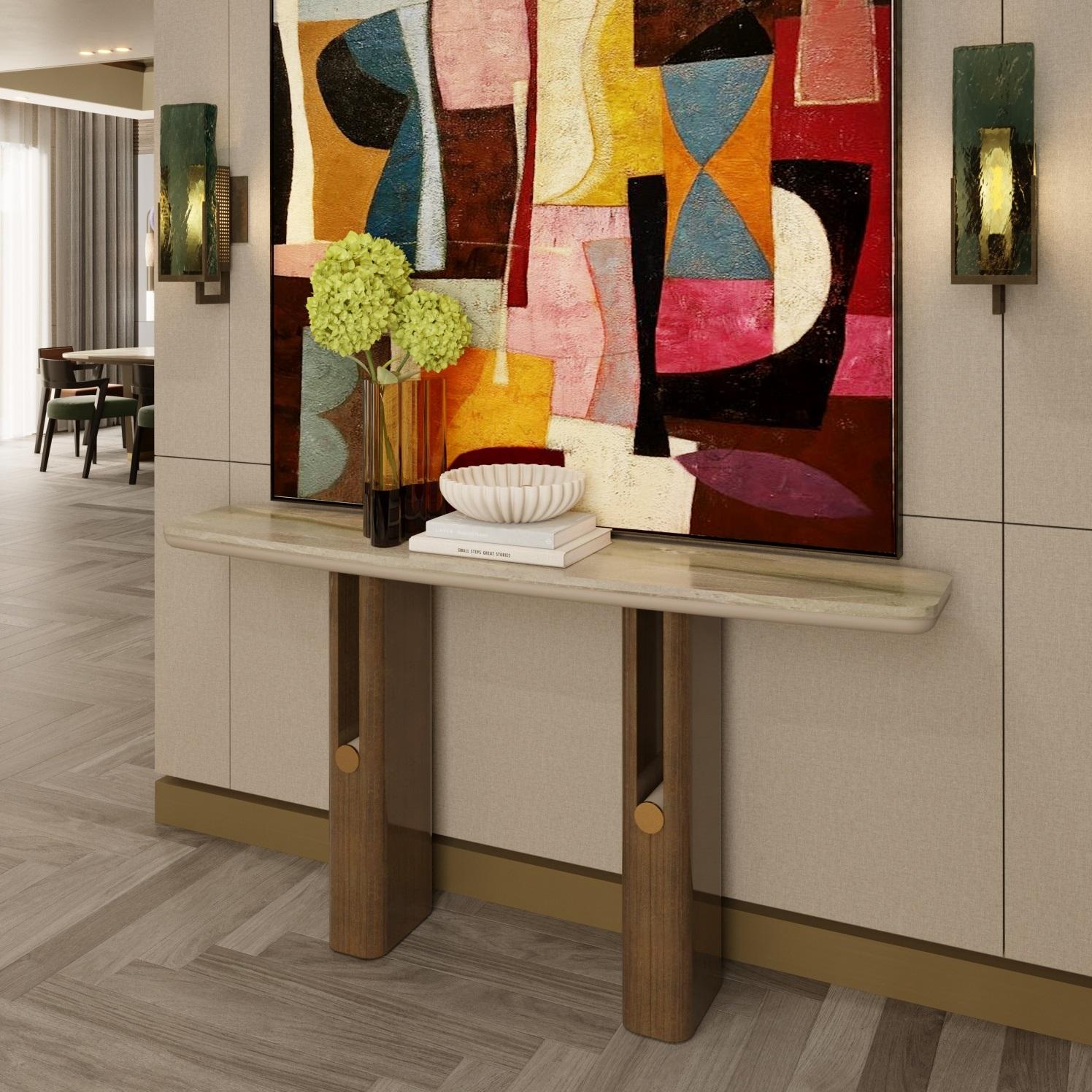 Console contemporaine avec pieds en bois, plateau en marbre et accents métalliques Neuf - En vente à NEW YORK, NY