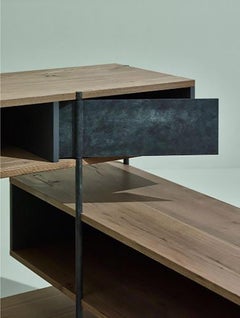 Contemporary Console in Etched Brass with Pivoting Doors and Stone Elm Shelves