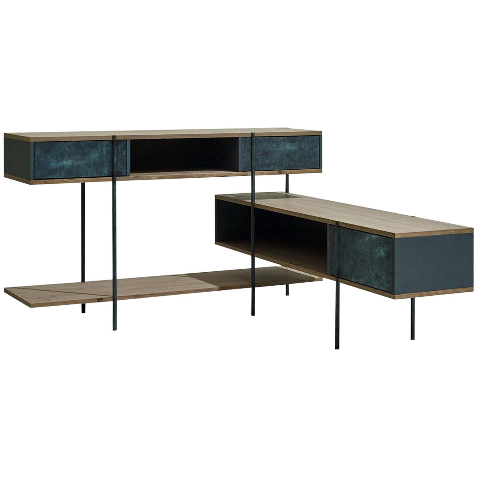 Contemporary Console in Etched Brass with Pivoting Doors and Stone Elm Shelves For Sale