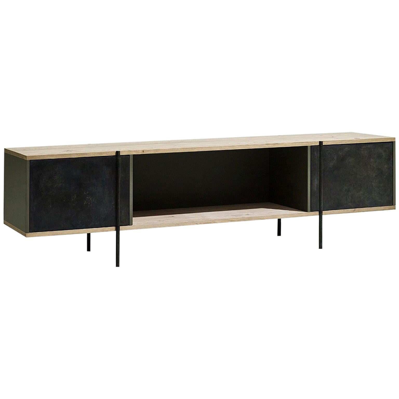 Contemporary Console in Etched Brass with Pivoting Doors and Stone Elm Shelves For Sale