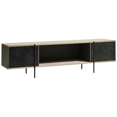 Contemporary Console in Etched Brass with Pivoting Doors and Stone Elm Shelves