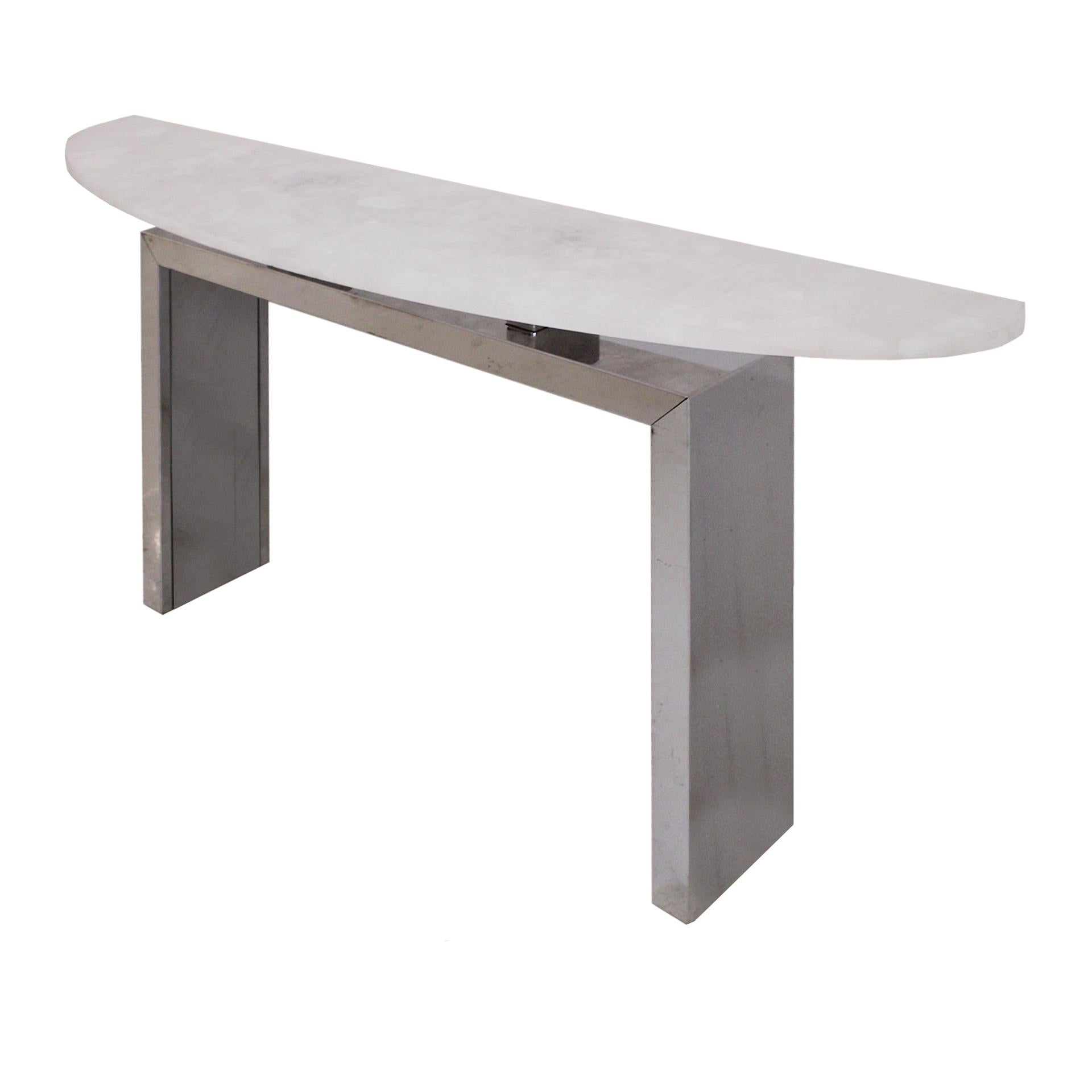 Modern Contemporary Italian Demilune Console Table Made of White Quartz and Steel base For Sale