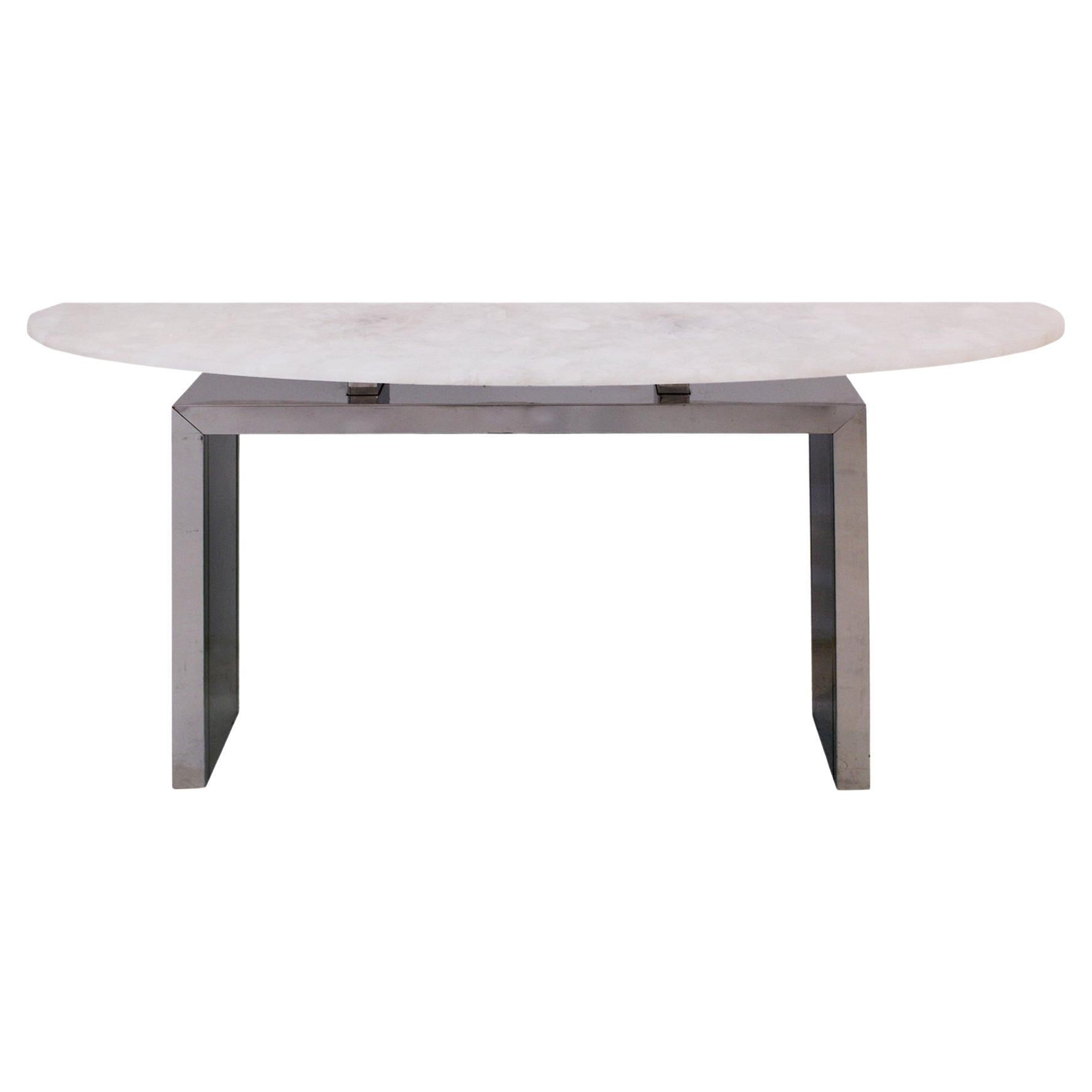 Table console contemporaine italienne Demilune en quartz blanc et base en acier