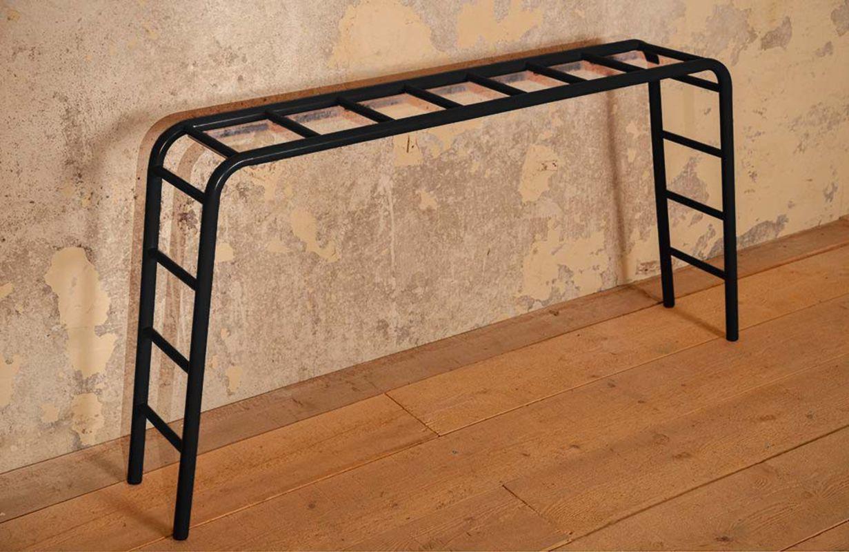 French Contemporary console-shelf by Cédric Dequidt in laquered metal, glass plate For Sale