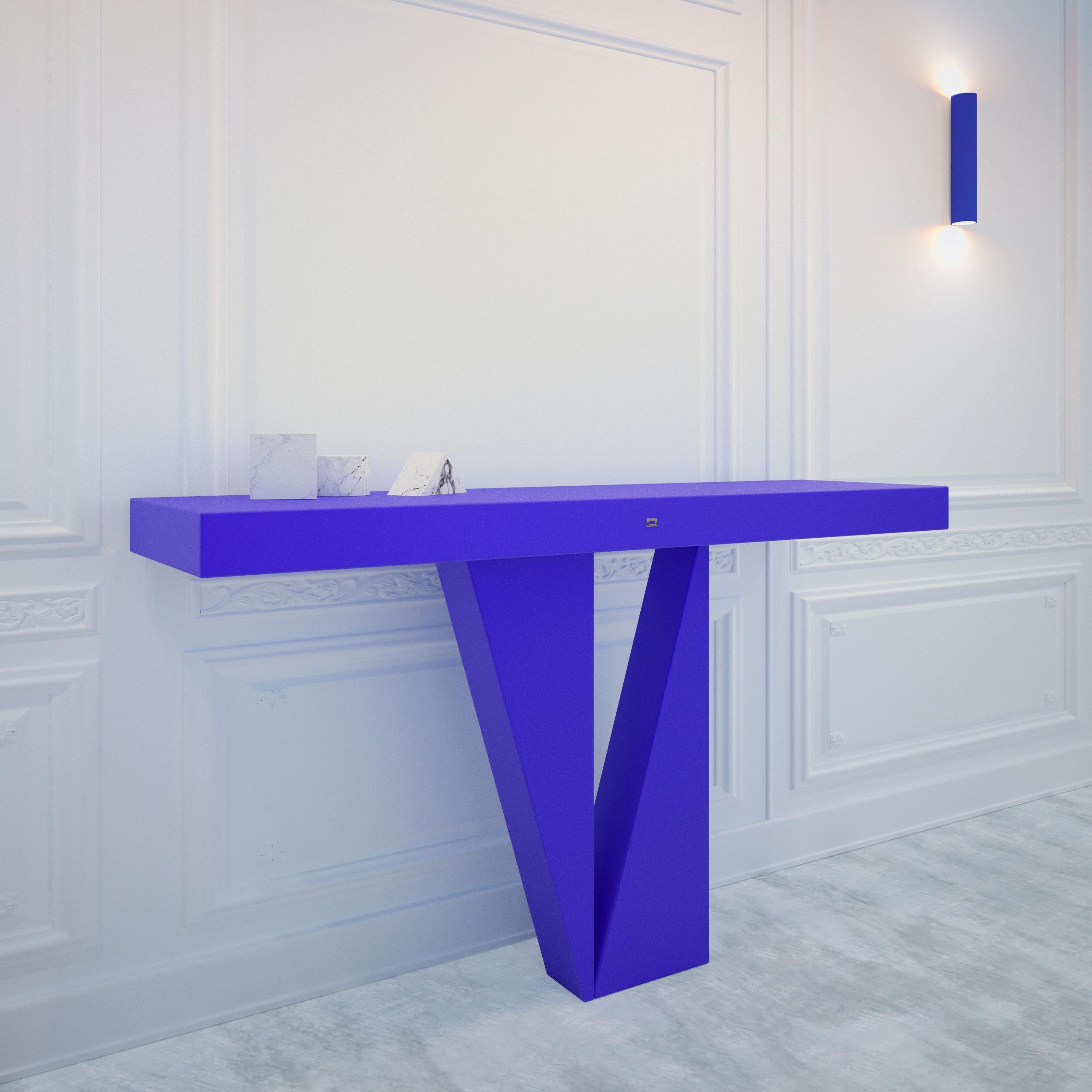 Console Table / Sideboard
by FELIX SCHWAKE
FS 52
CM L140 B35 H83
IN L55,12 B13,78 H32,68
Material – Wood
Surface – Blue Lacquer, Matt
2023

Customizations on request.

Functional Art Sculpture.
One of a kind piece.
Made to order by award winning
