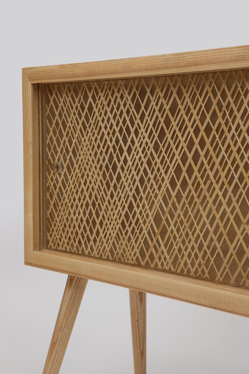 Mid-Century Modern Contemporary Console Table in Natural Straw Weave Inlay For Sale