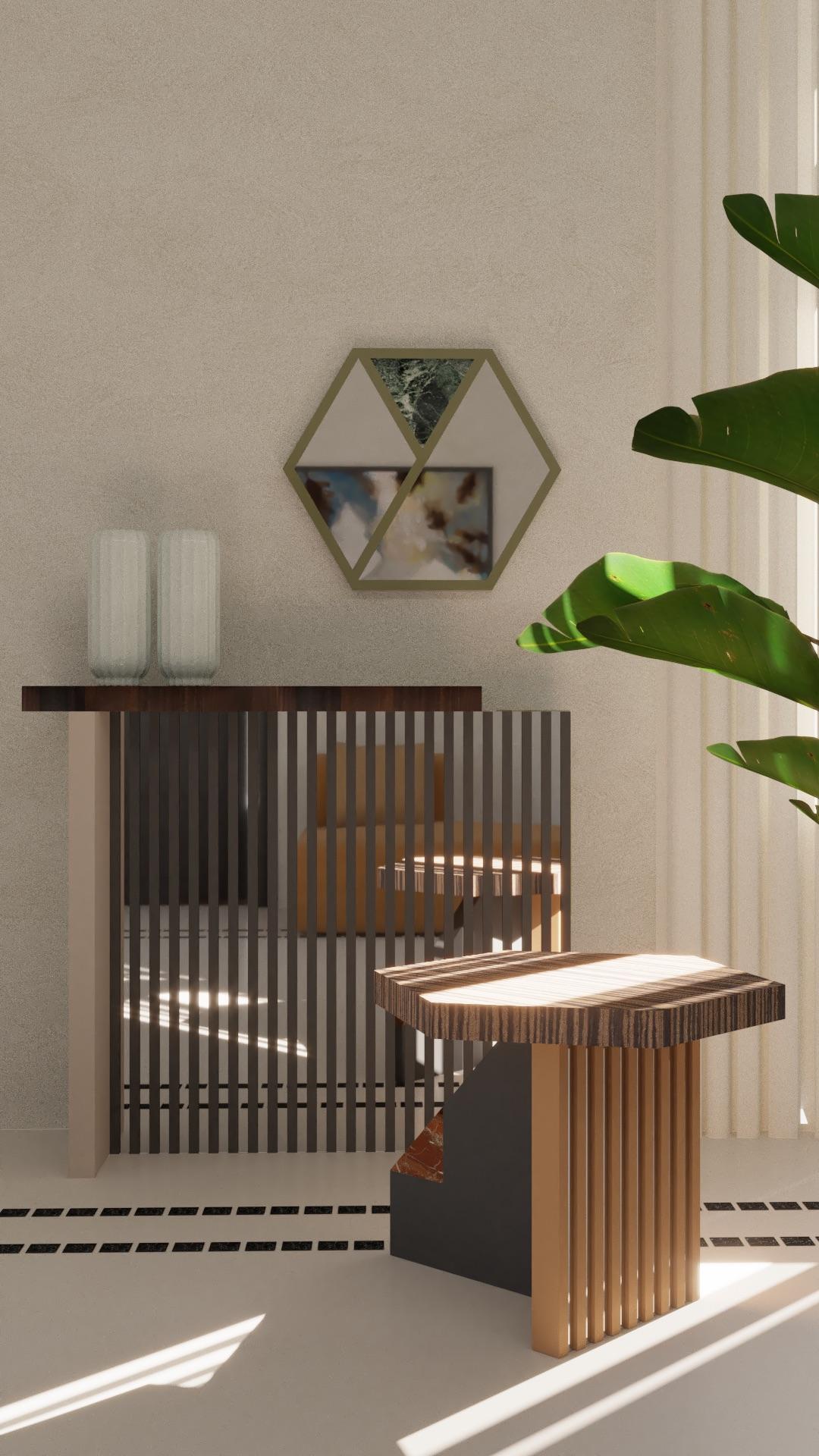 Tavolo consolle contemporaneo, Made in Italy, ottone e legno di eucalipto In condizioni Nuovo in vendita a Lentate Sul Seveso, IT