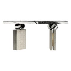 Modern Brutalist Console Table Black & White Marble Top, Travertine Stone