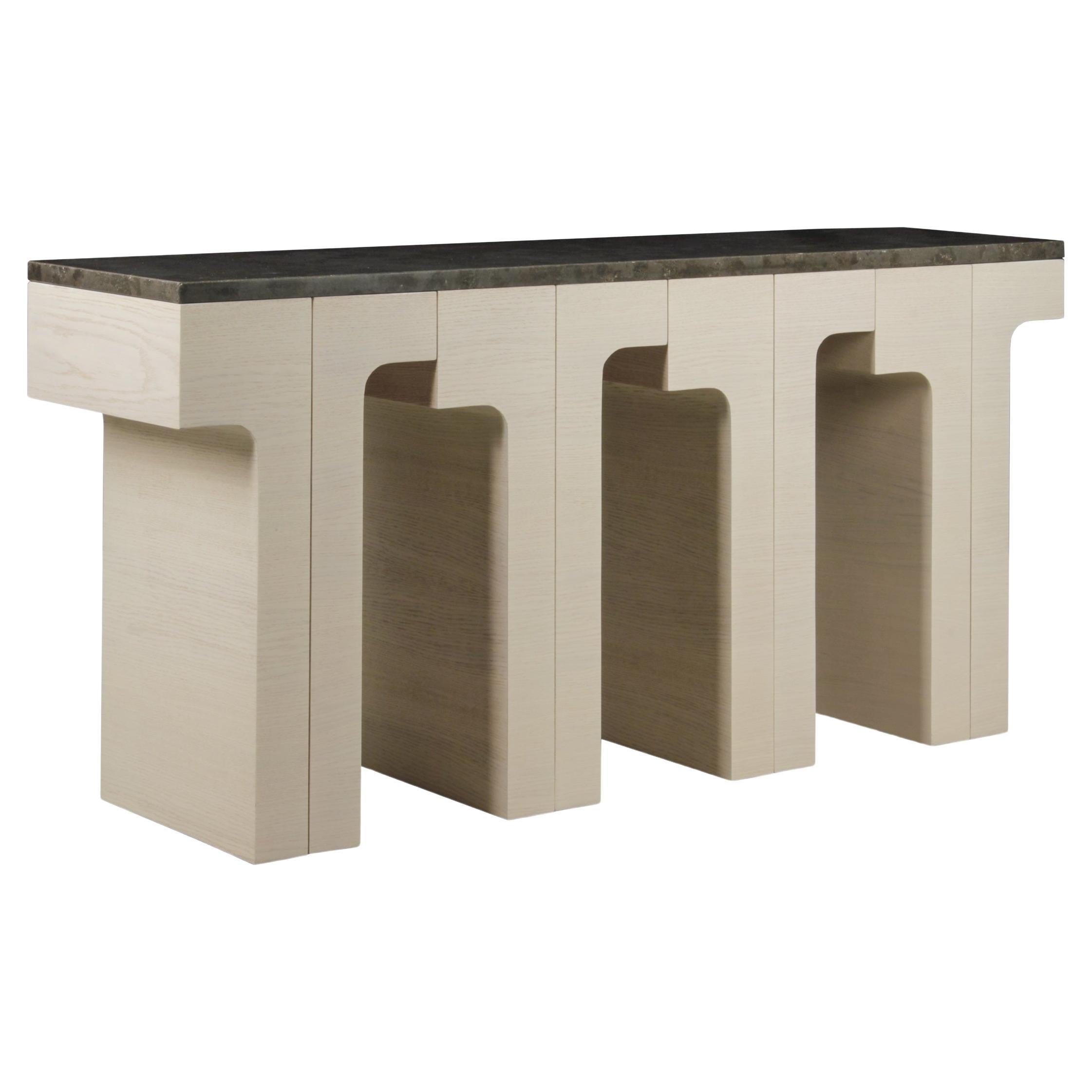 Contemporary Console Table with Marble Top & Limed Oak Structure For Sale
