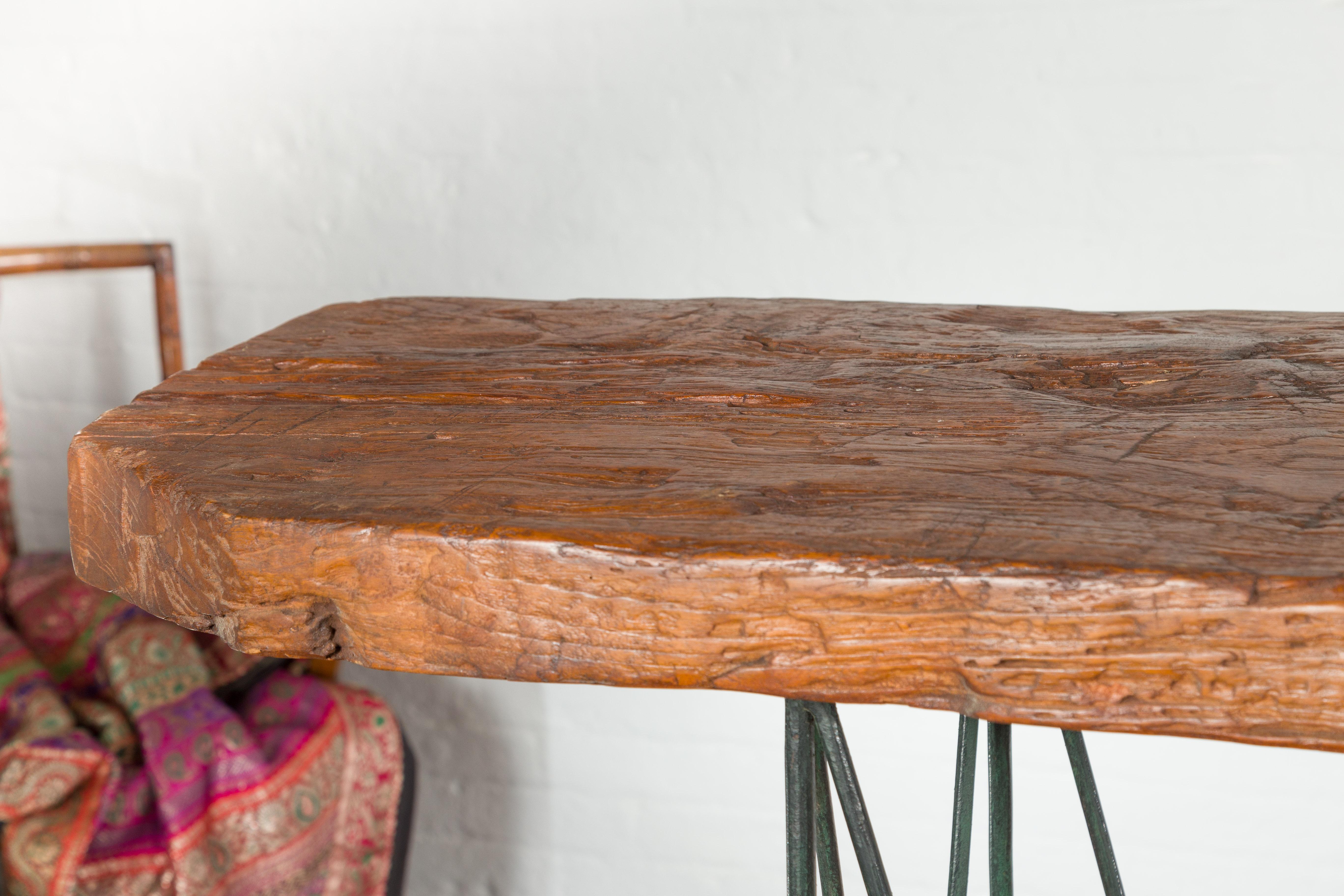 Contemporary Console Table with Reclaimed Wood Top and Metal Bases For Sale 8