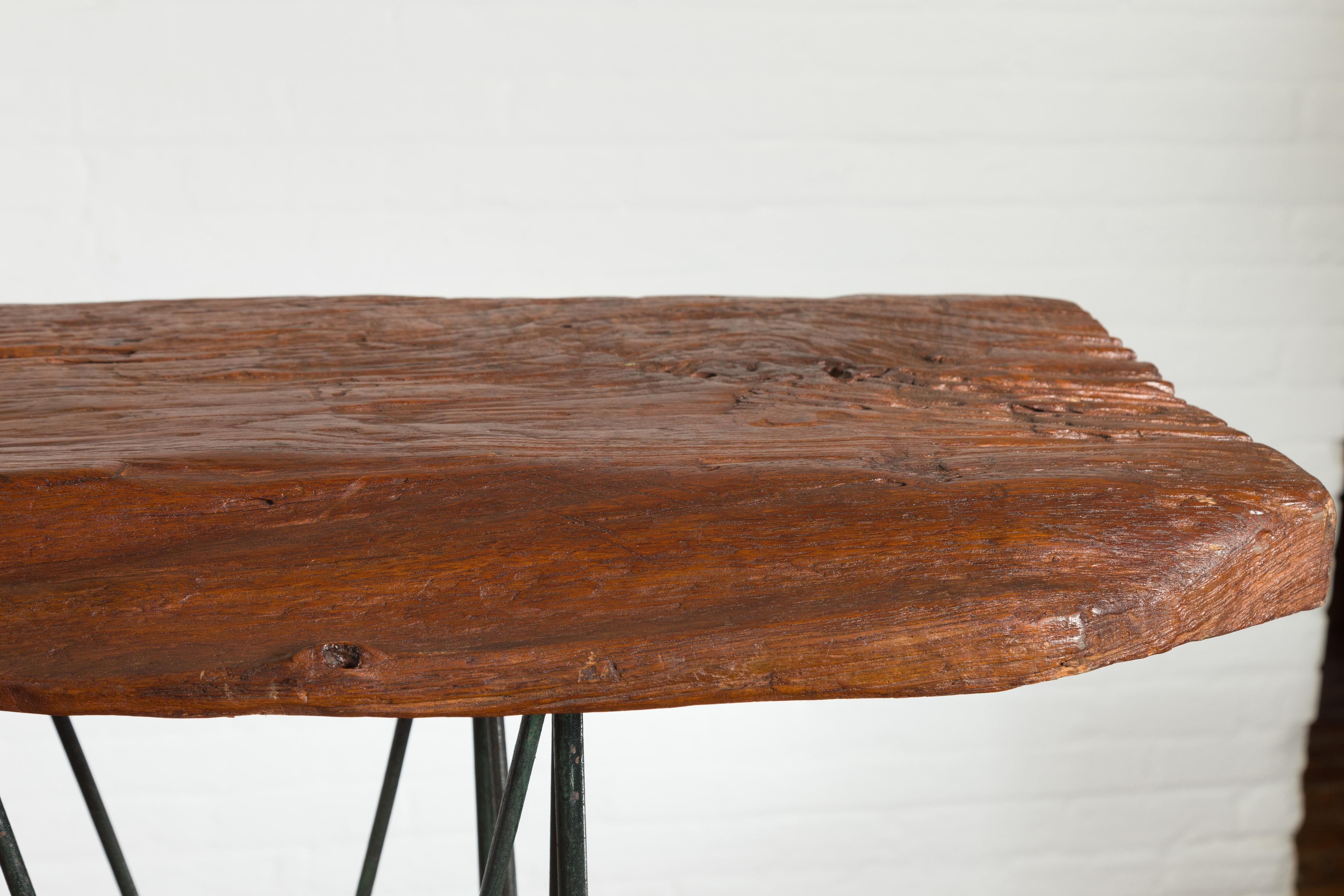 Contemporary Console Table with Reclaimed Wood Top and Metal Bases For Sale 9