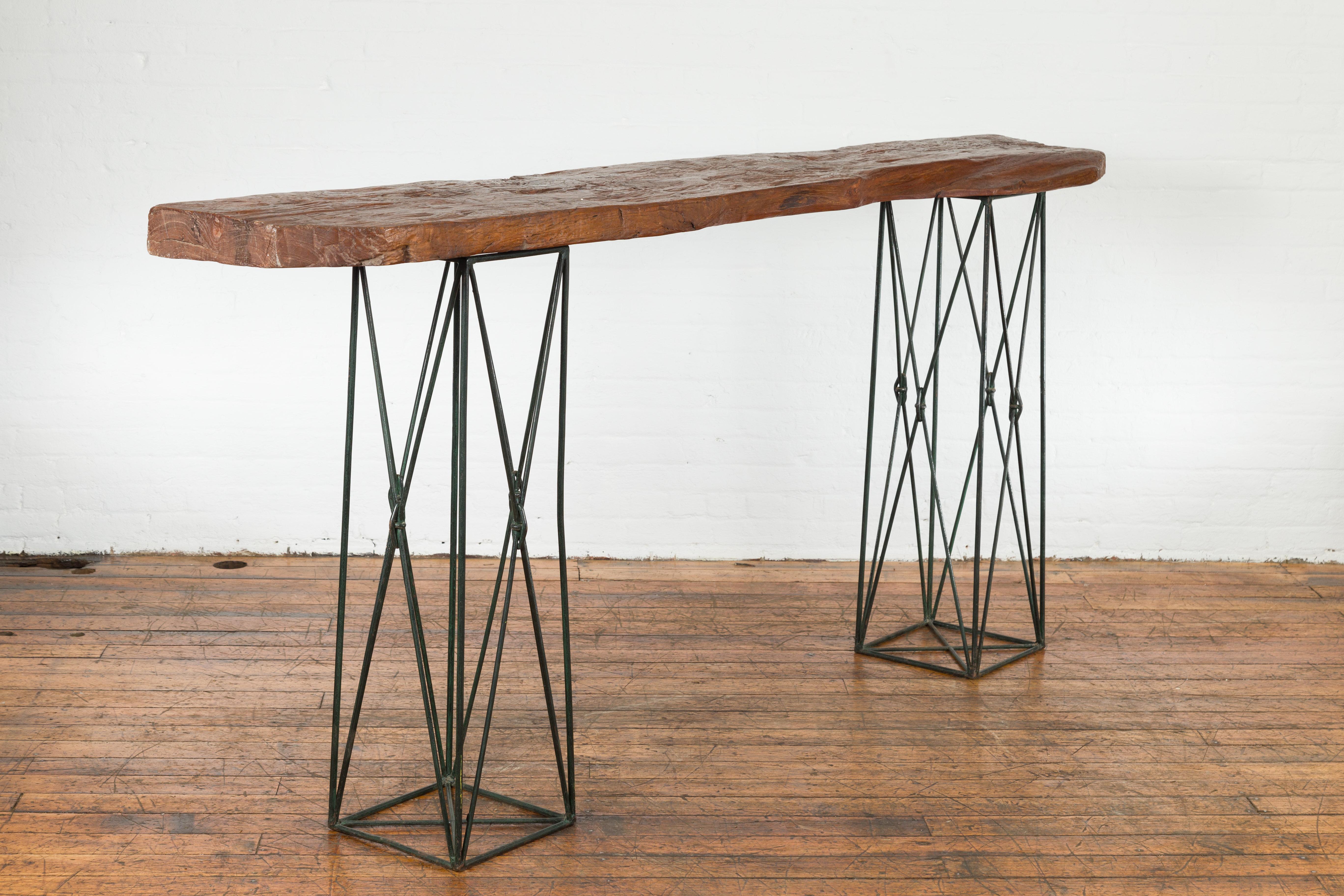 Contemporary Console Table with Reclaimed Wood Top and Metal Bases For Sale 10