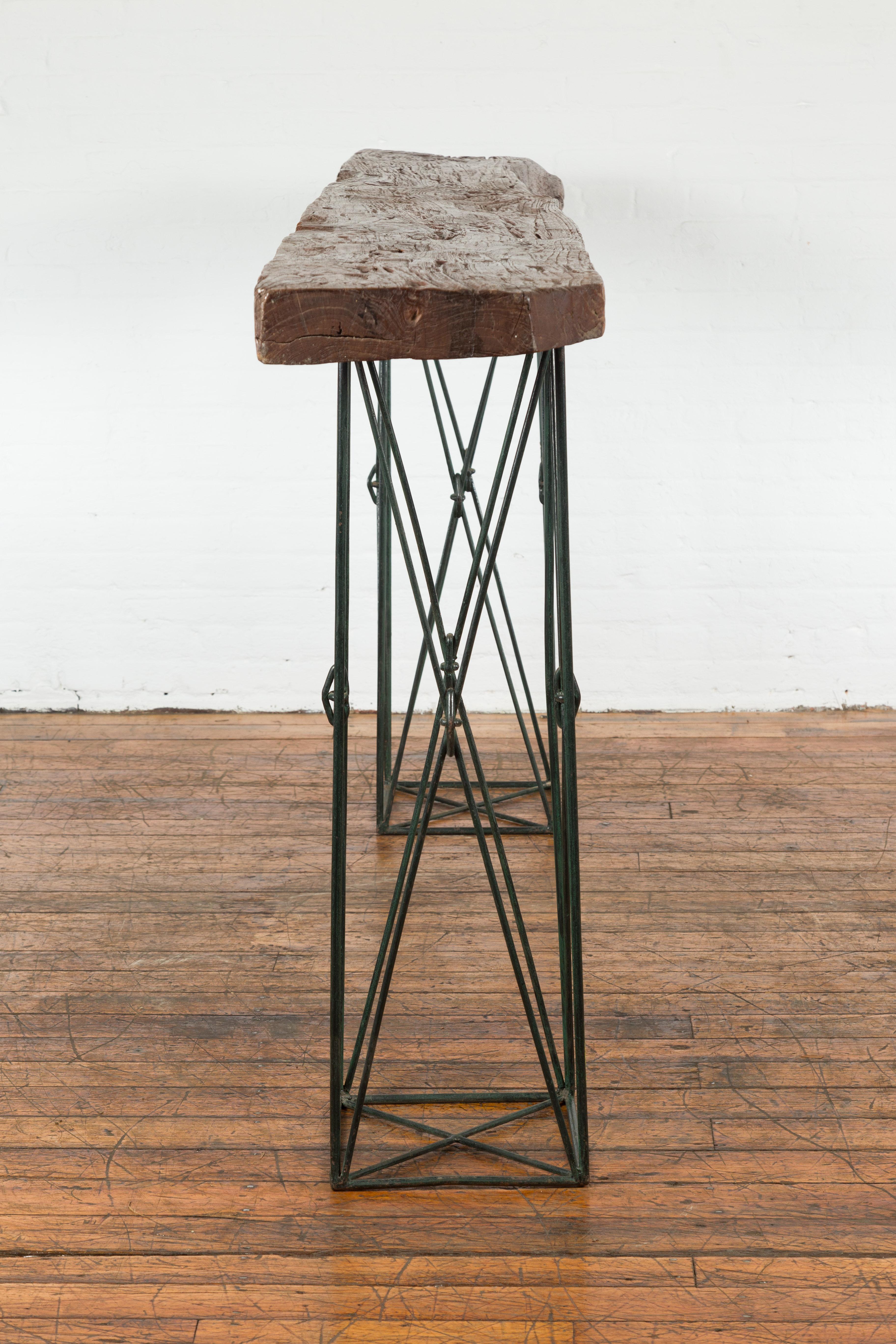 Contemporary Console Table with Reclaimed Wood Top and Metal Bases For Sale 11