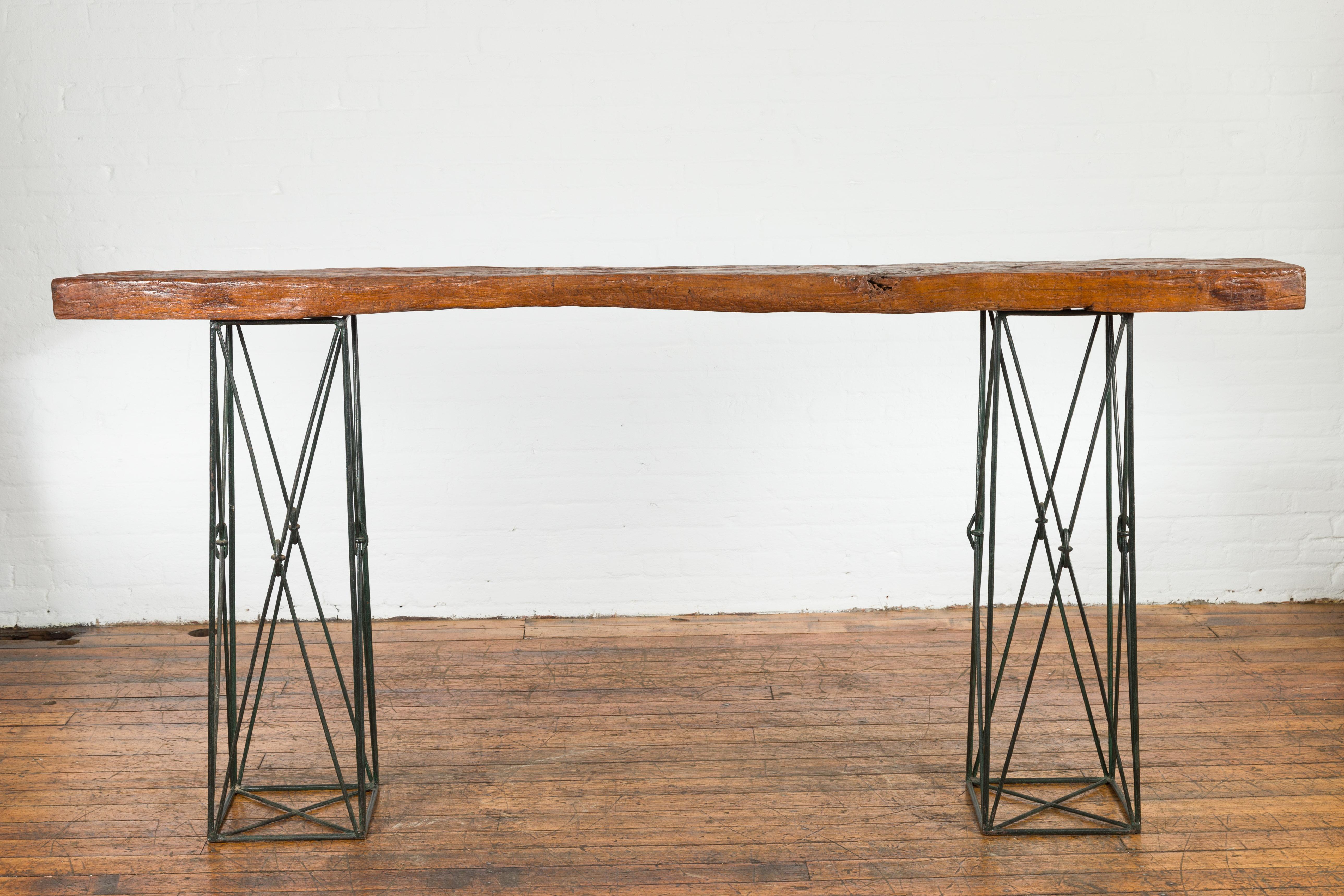 Contemporary Console Table with Reclaimed Wood Top and Metal Bases For Sale 13