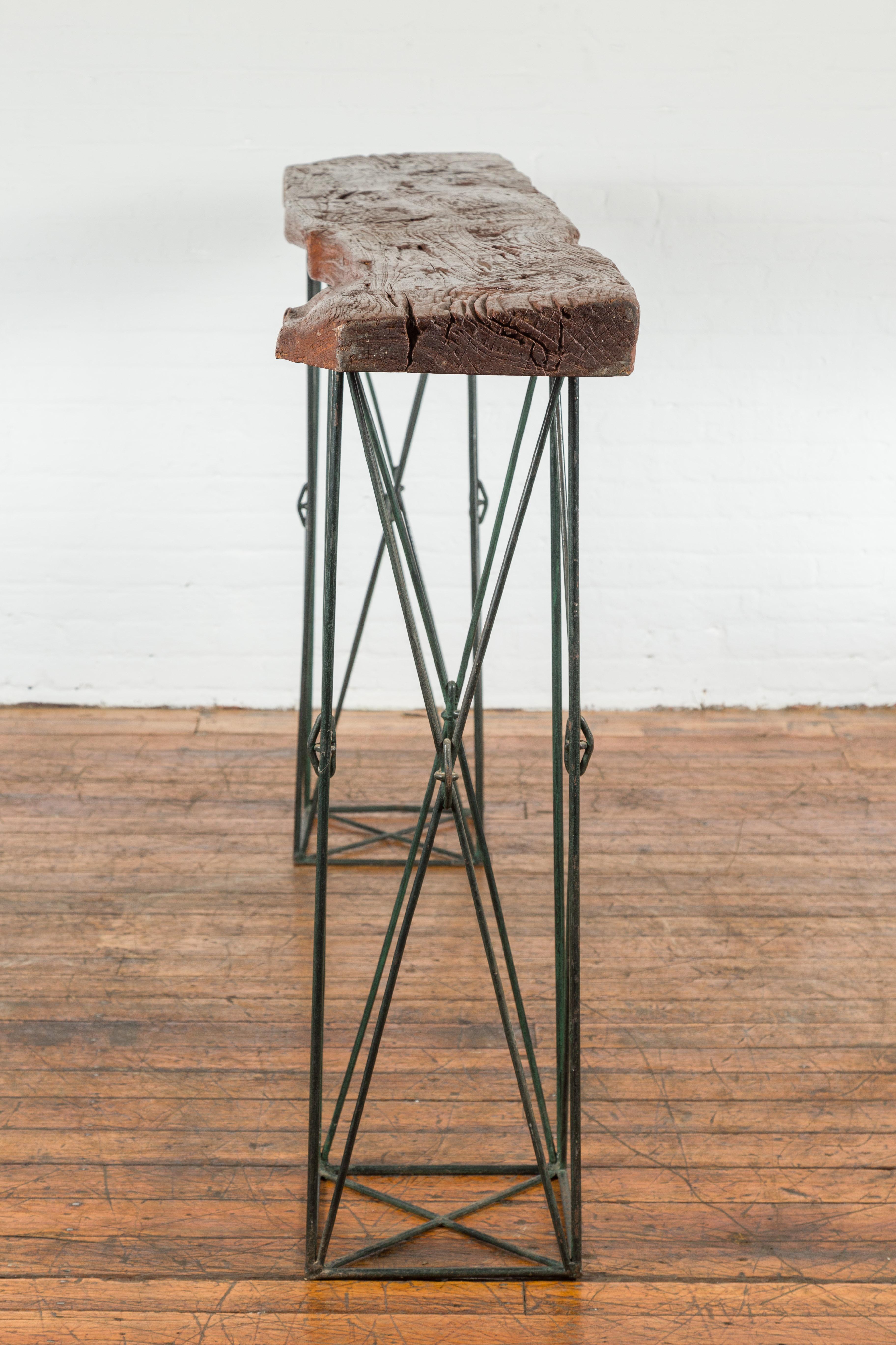 Contemporary Console Table with Reclaimed Wood Top and Metal Bases For Sale 14