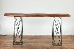 Rustic Natural Edge Console Table with Metal X-Form Bases and Green Accents