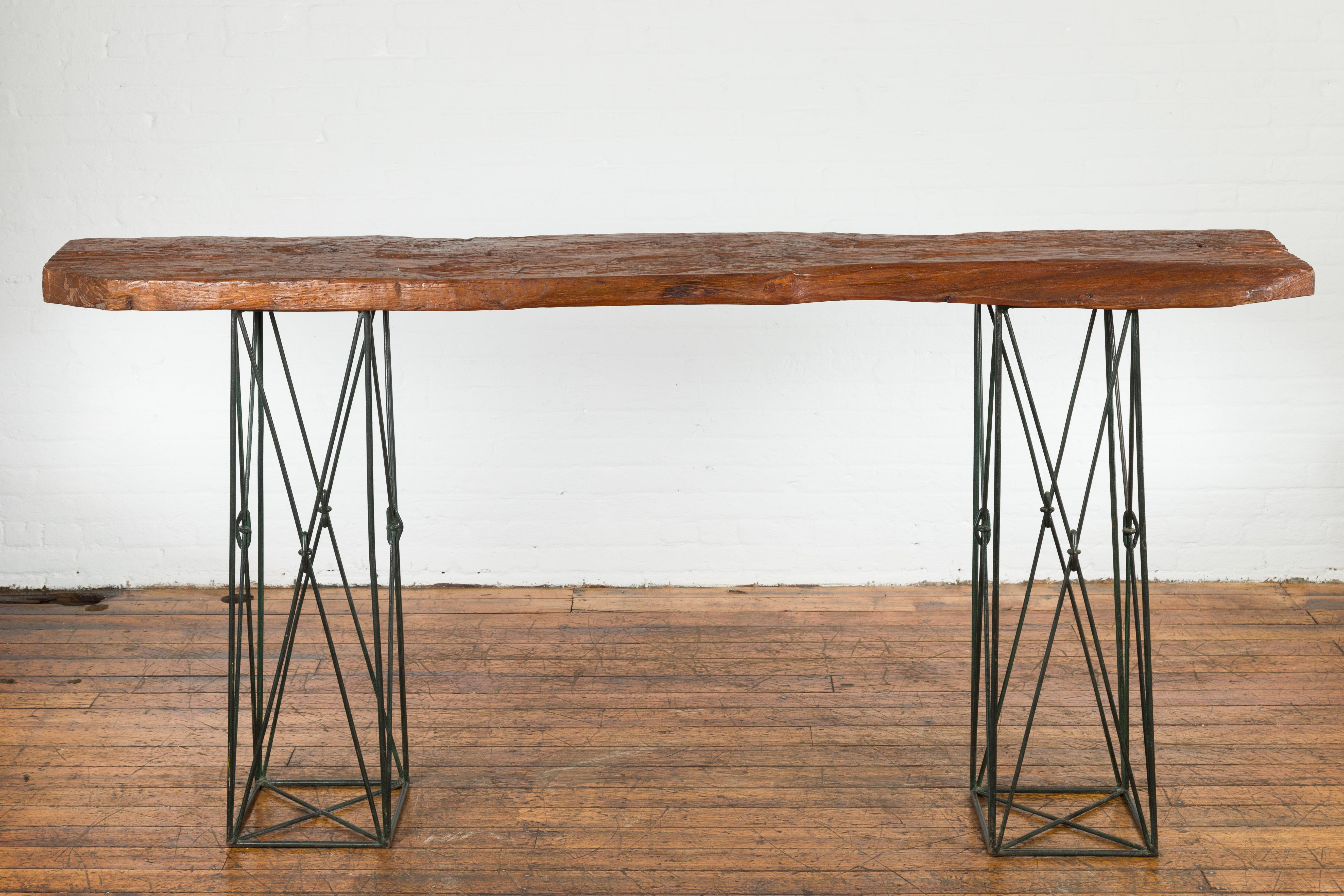 Javanese Contemporary Console Table with Reclaimed Wood Top and Metal Bases For Sale