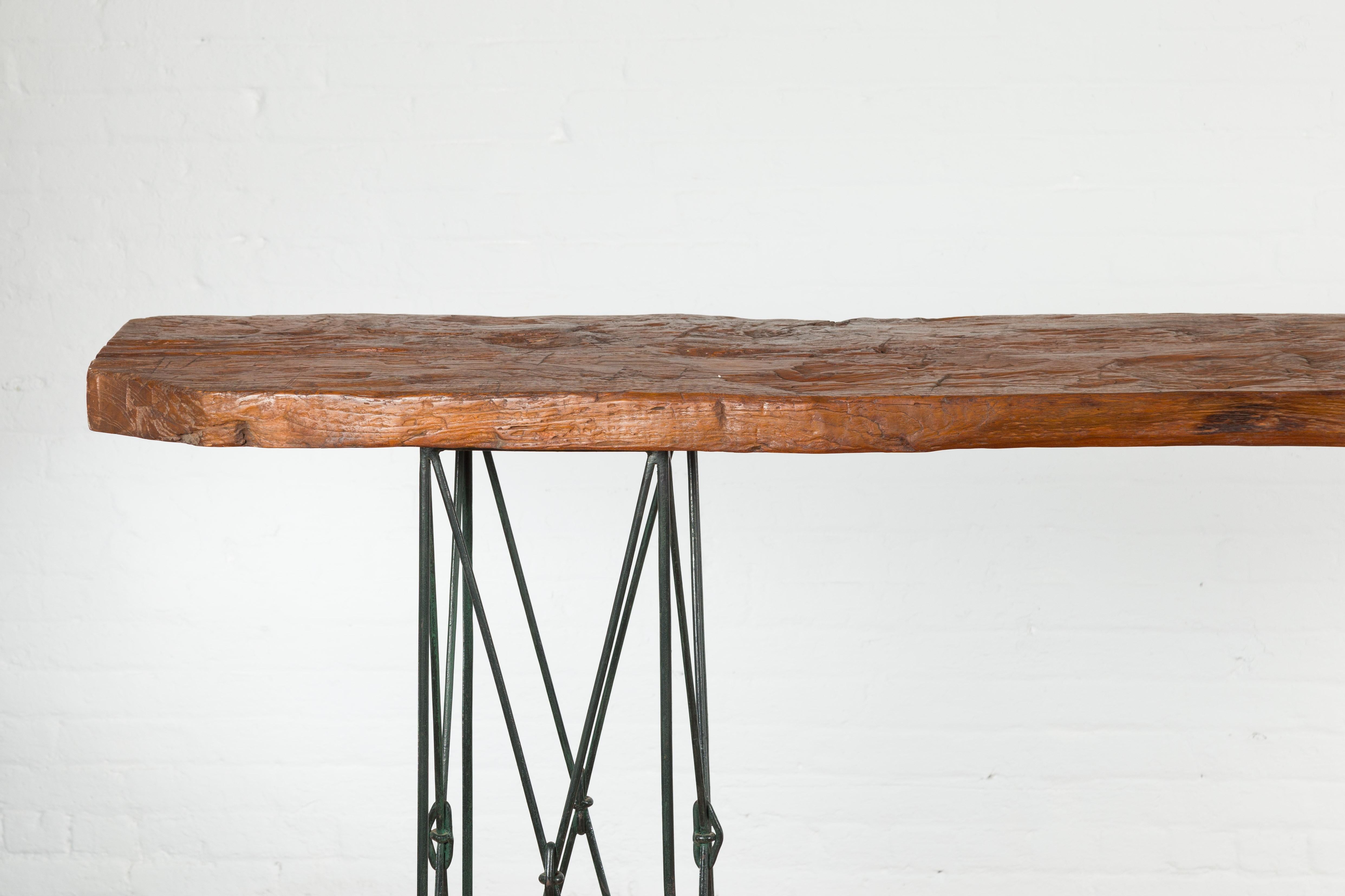 Contemporary Console Table with Reclaimed Wood Top and Metal Bases In Good Condition For Sale In Yonkers, NY