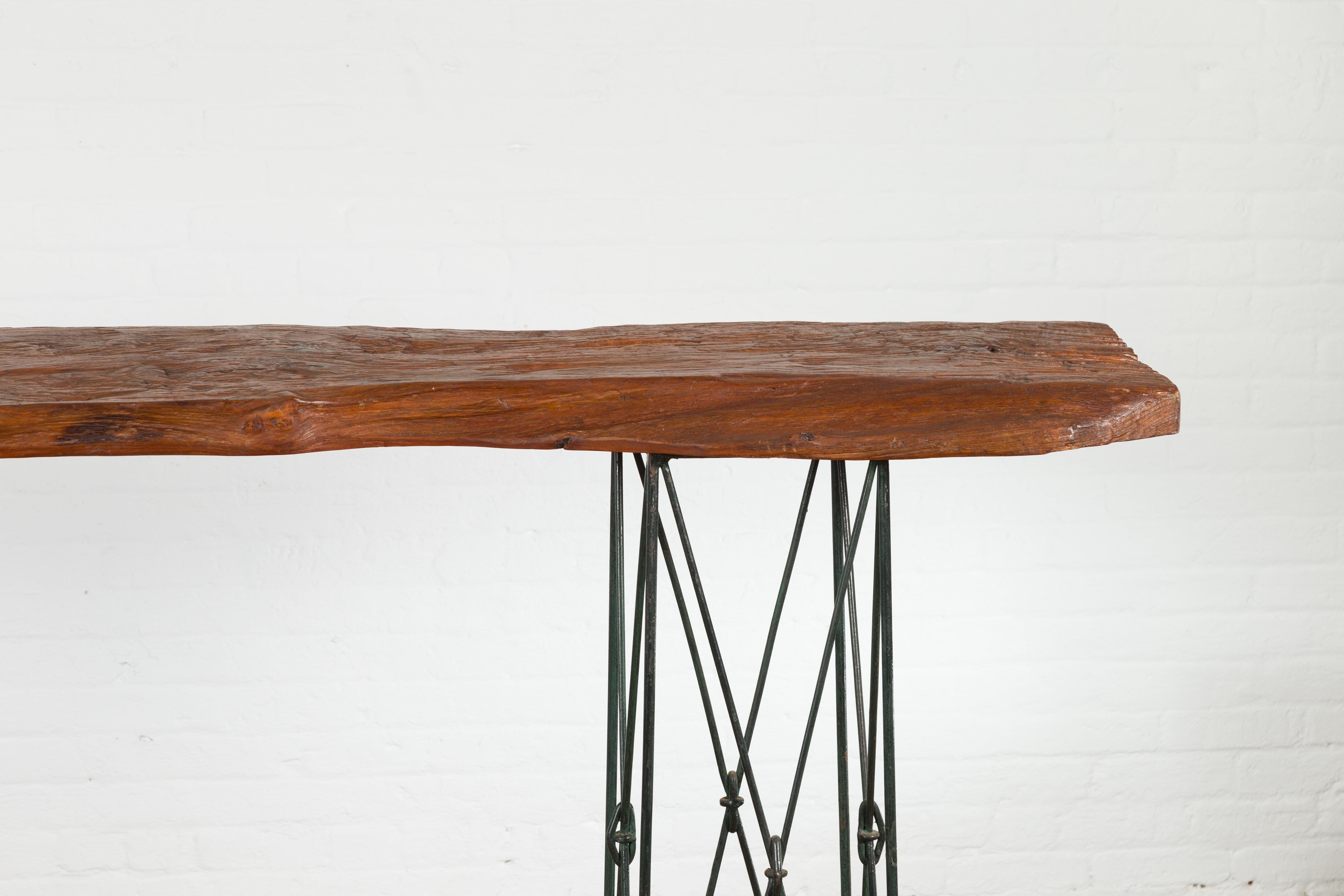 Contemporary Console Table with Reclaimed Wood Top and Metal Bases For Sale 1