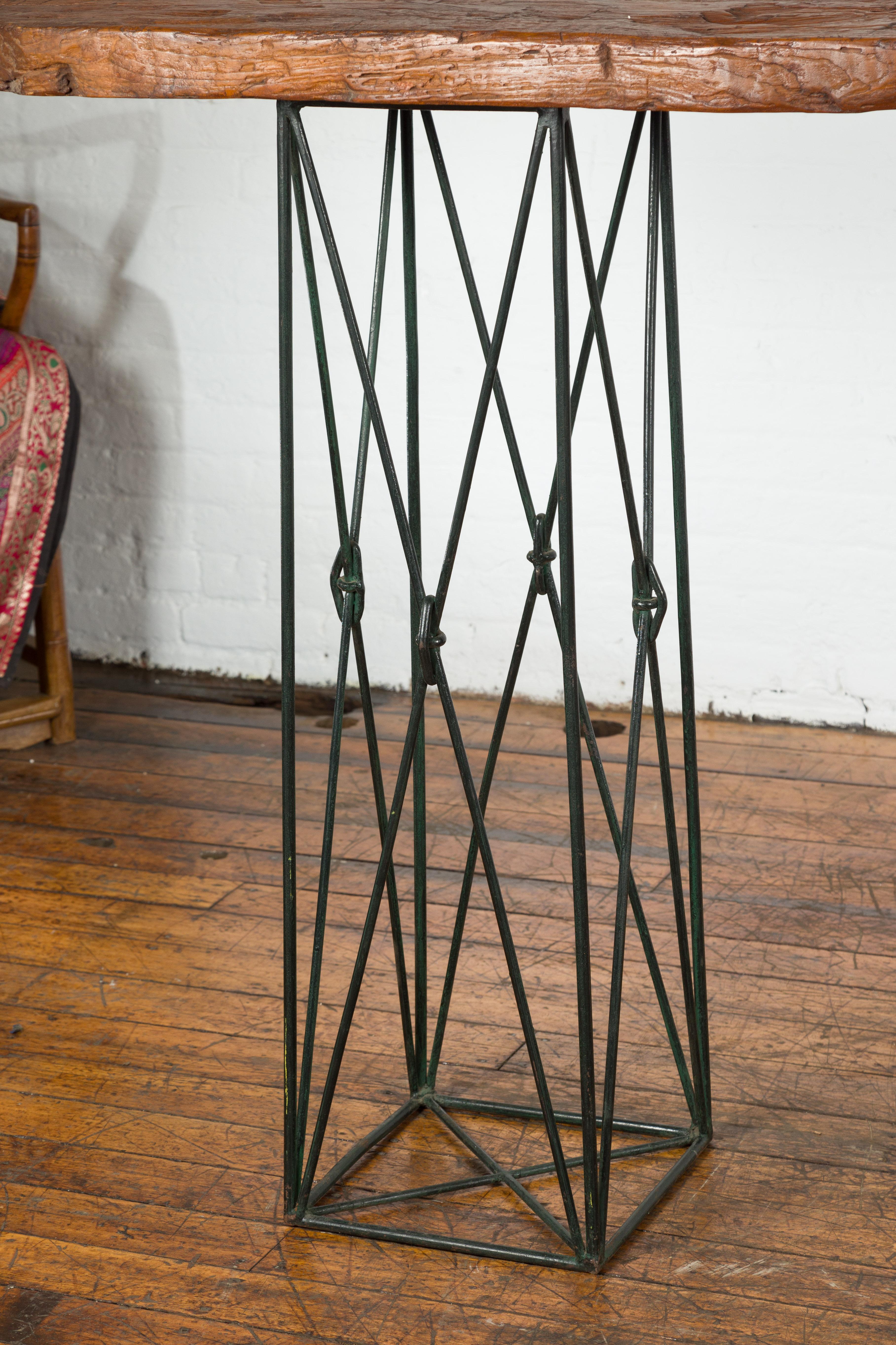 Contemporary Console Table with Reclaimed Wood Top and Metal Bases For Sale 2