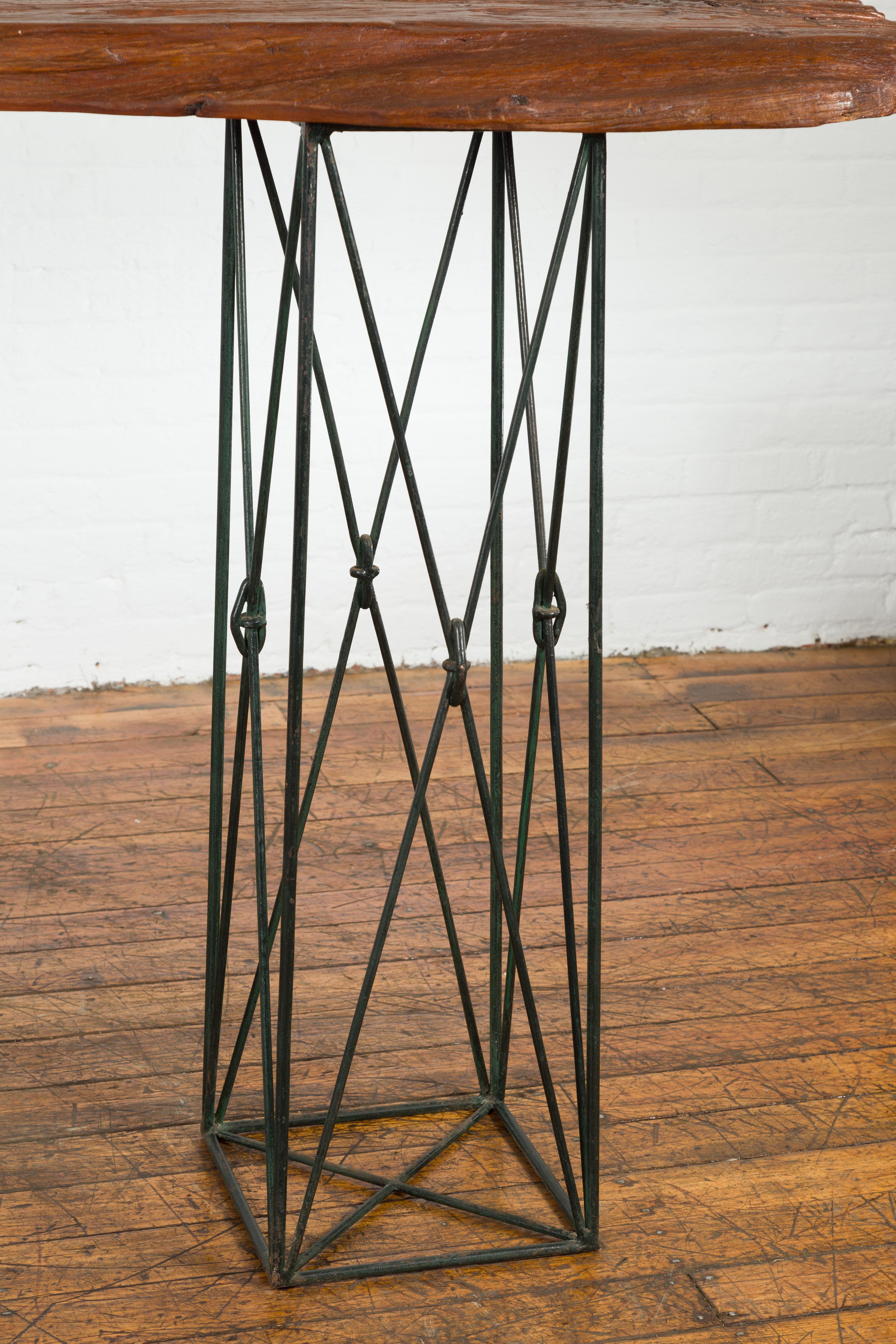 Contemporary Console Table with Reclaimed Wood Top and Metal Bases For Sale 3