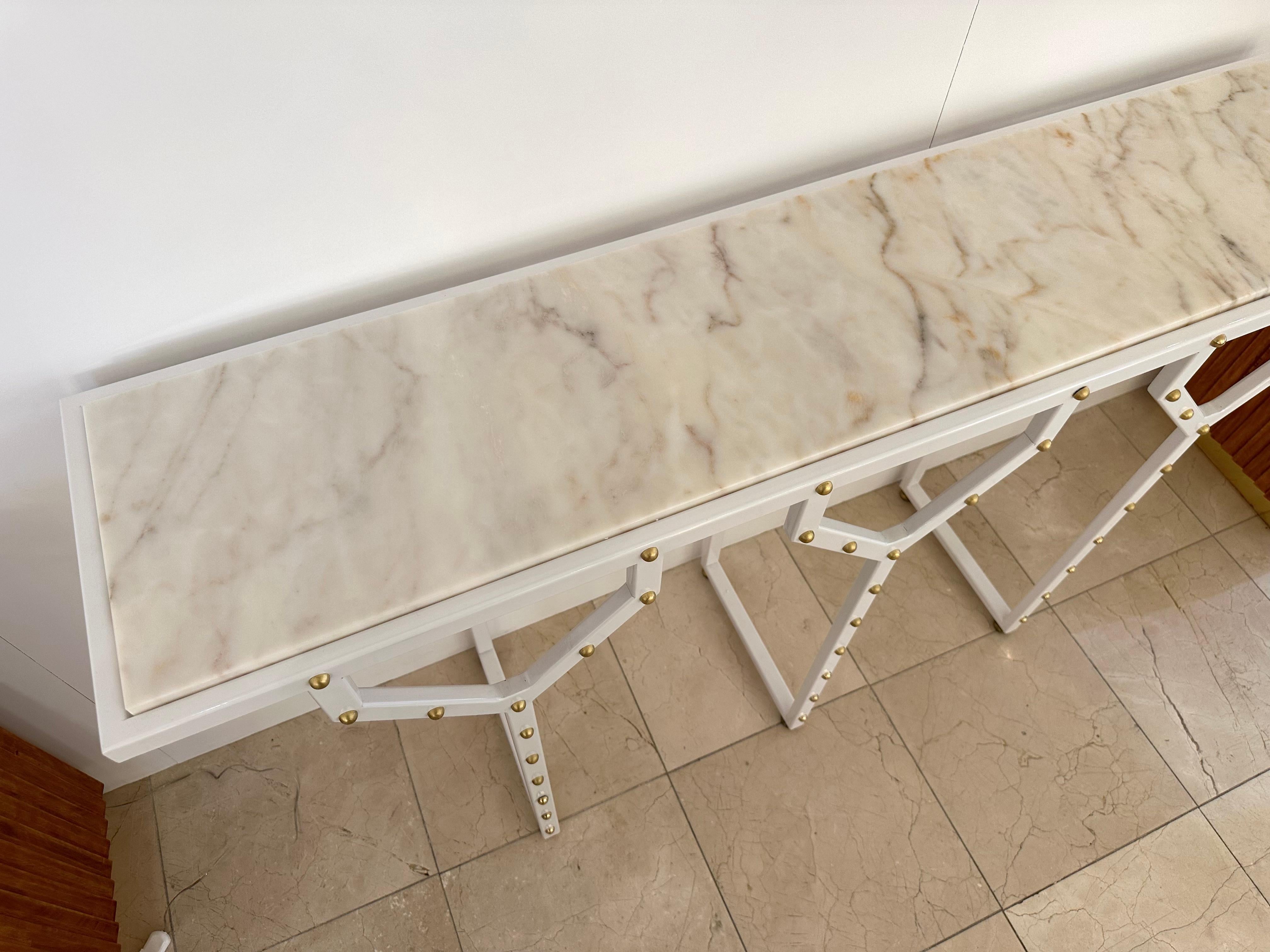 Contemporary Console Table Y White Lacquered Metal Brass and Marble. Italy For Sale 5
