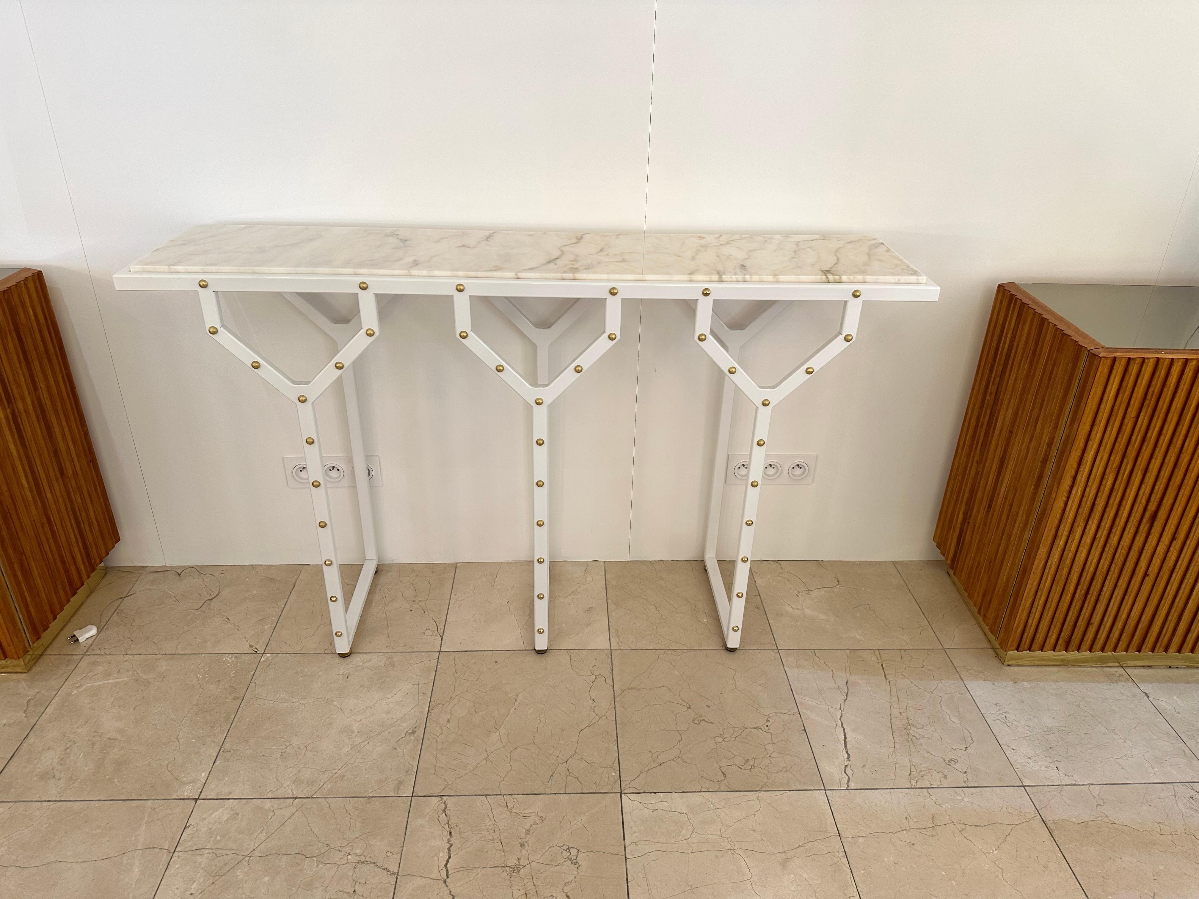 Contemporary Console Table Y White Lacquered Metal Brass and Marble. Italy For Sale 6