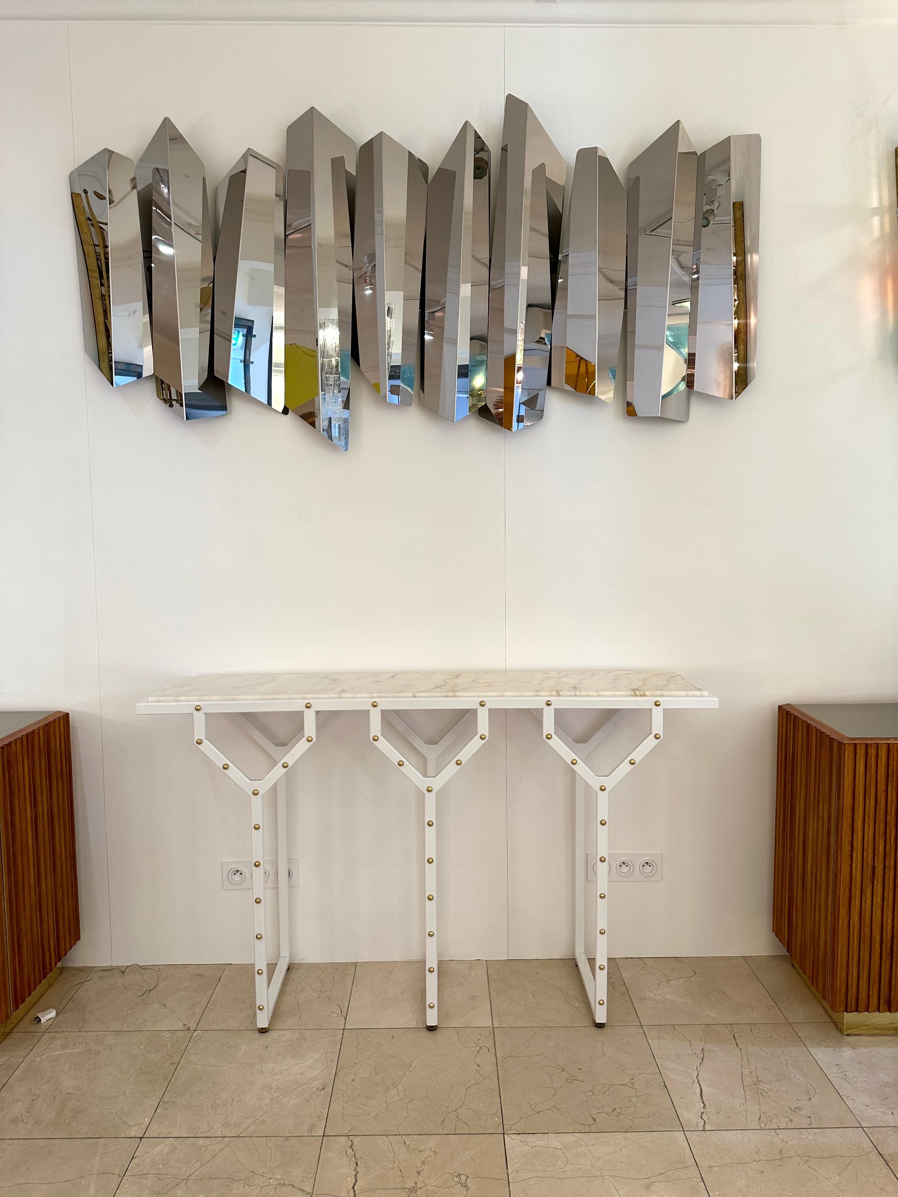 Contemporary Console Table Y White Lacquered Metal Brass and Marble. Italy For Sale 8