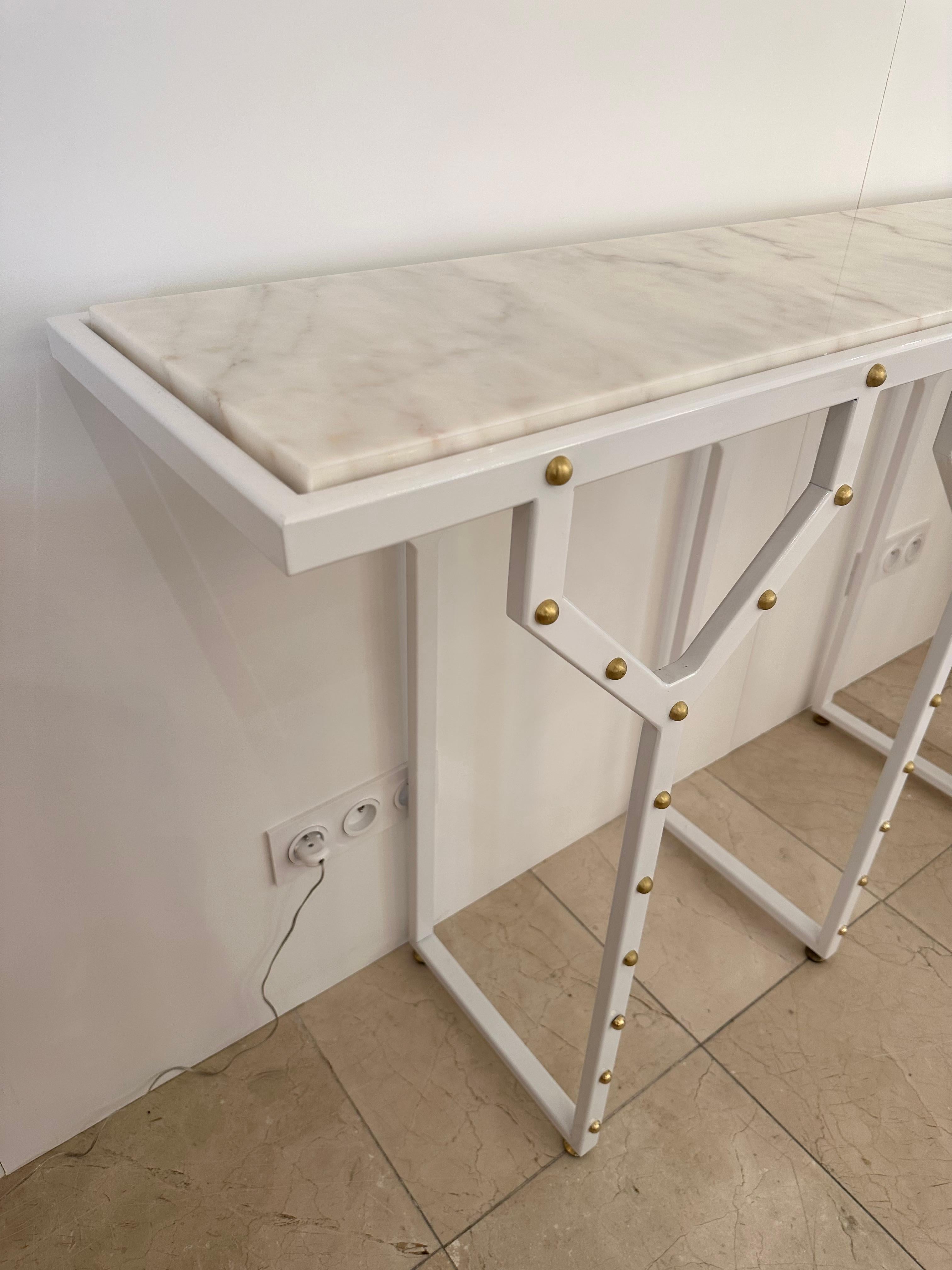 Italian Contemporary Console Table Y White Lacquered Metal Brass and Marble. Italy For Sale