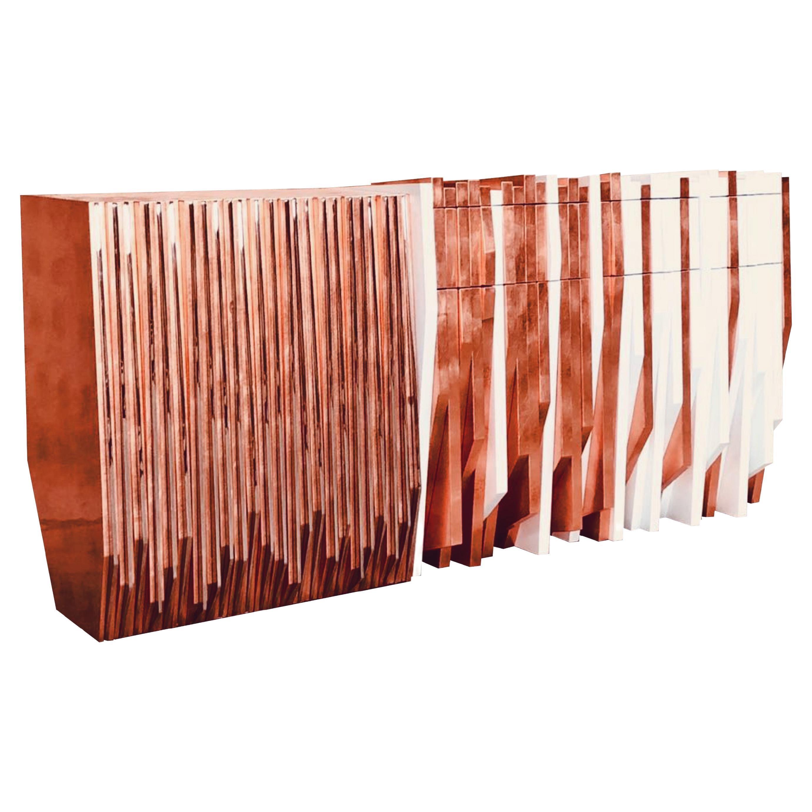 Contemporary Utopia Console, Bronze Copper Leaf Handmade by Drama For Sale