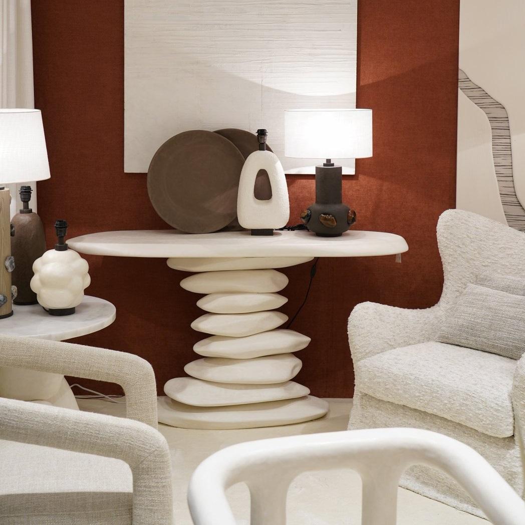 Modern Contemporary Console with Brutalist Organic Silhouette, Plaster/Carved Wood For Sale