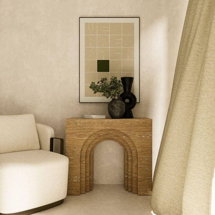 Modern Contemporary Console with Stepped Arch In Limed Oak Wood. For Sale