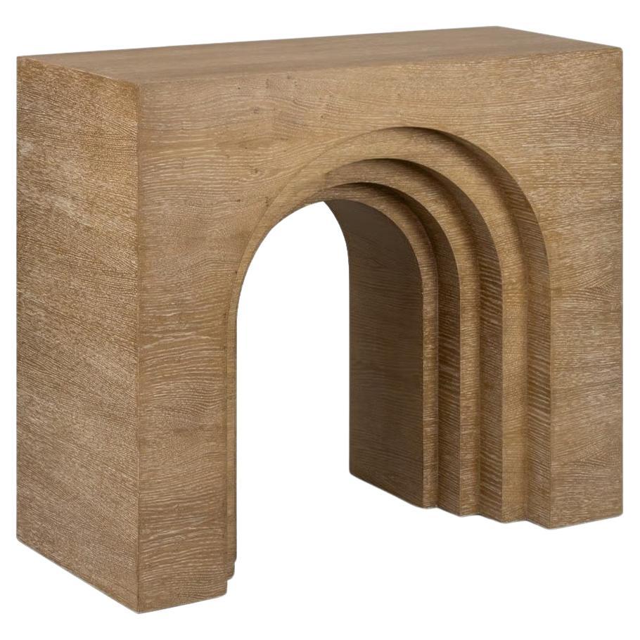 Contemporary Console with Stepped Arch In Limed Oak Wood. For Sale