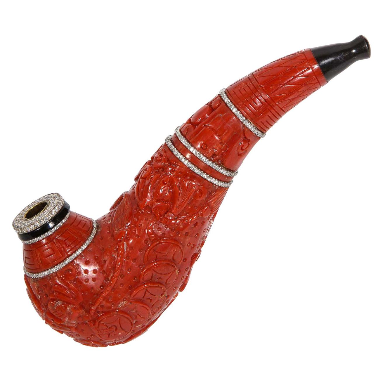 Contemporary Coral, 18k Gold, Diamonds, and Onyx Pipe
