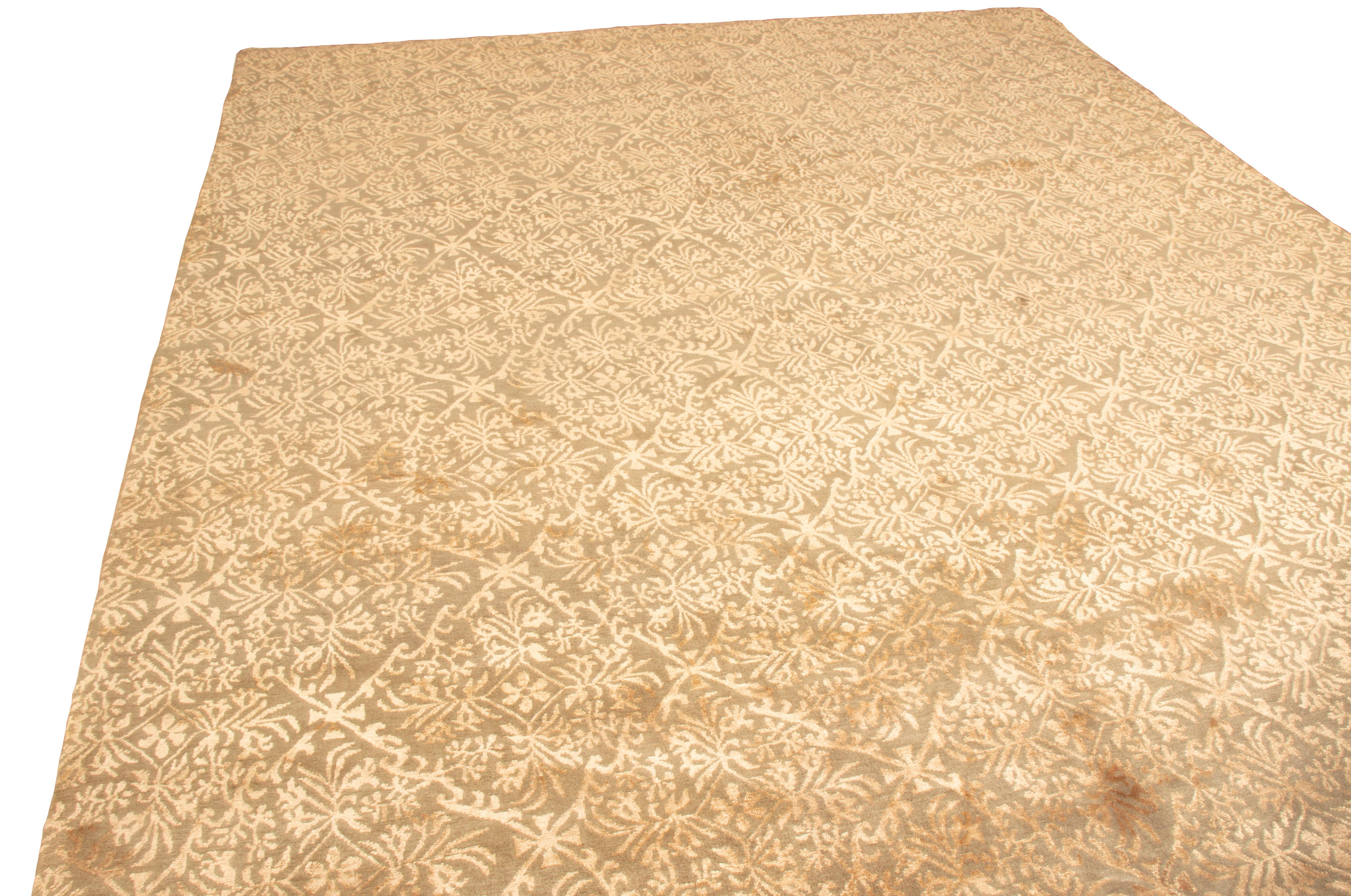 Nepalese Contemporary Cordoba Beige and Brown Wool and Silk Rug