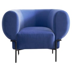 Contemporary Cornflower Blue Velvet Modern Lounge Chair with Black Metal Base