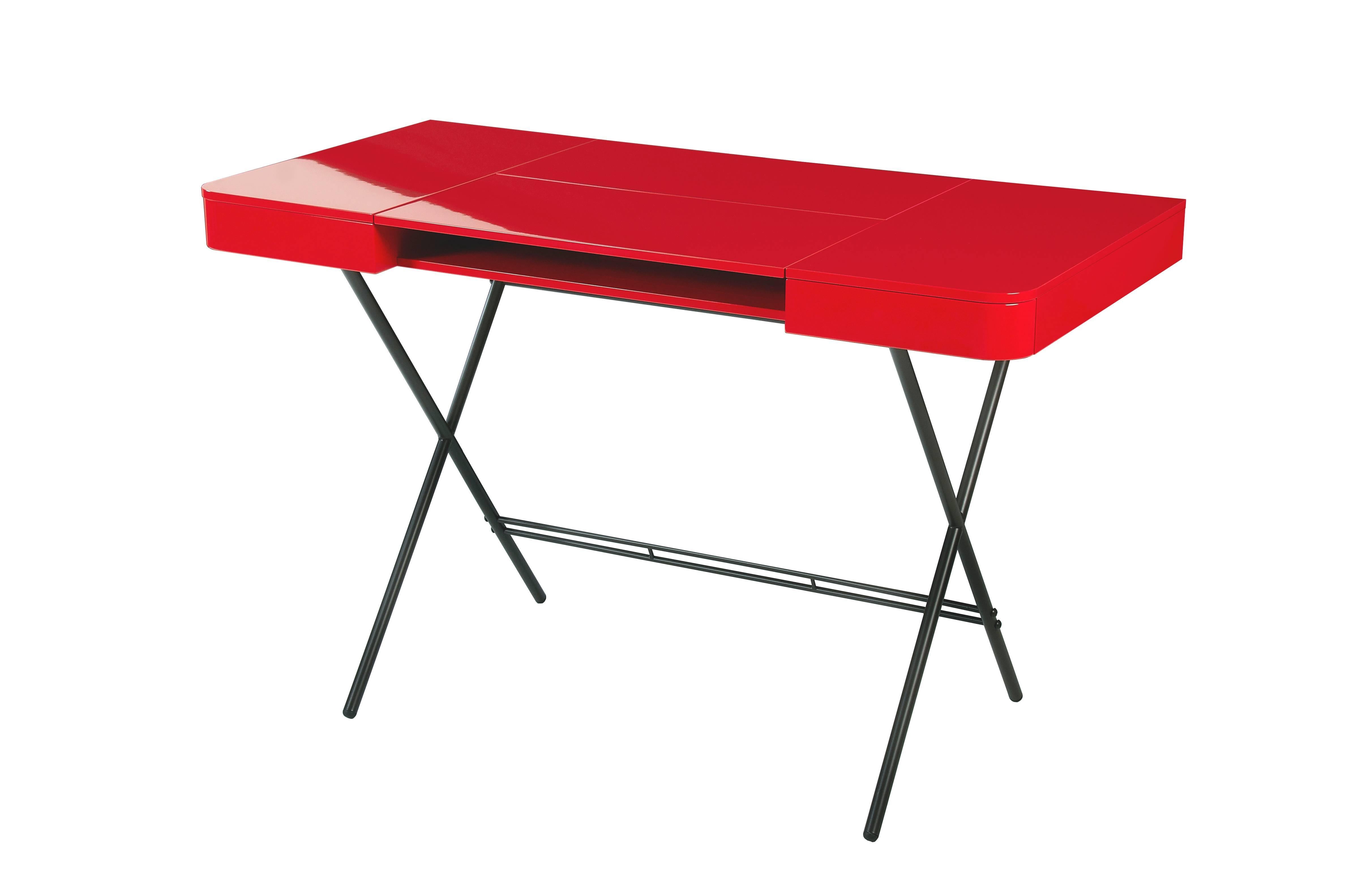 Modern Contemporary Cosimo Desk by Marco Zanuso Jr. Red Glossy Lacquered Top For Sale