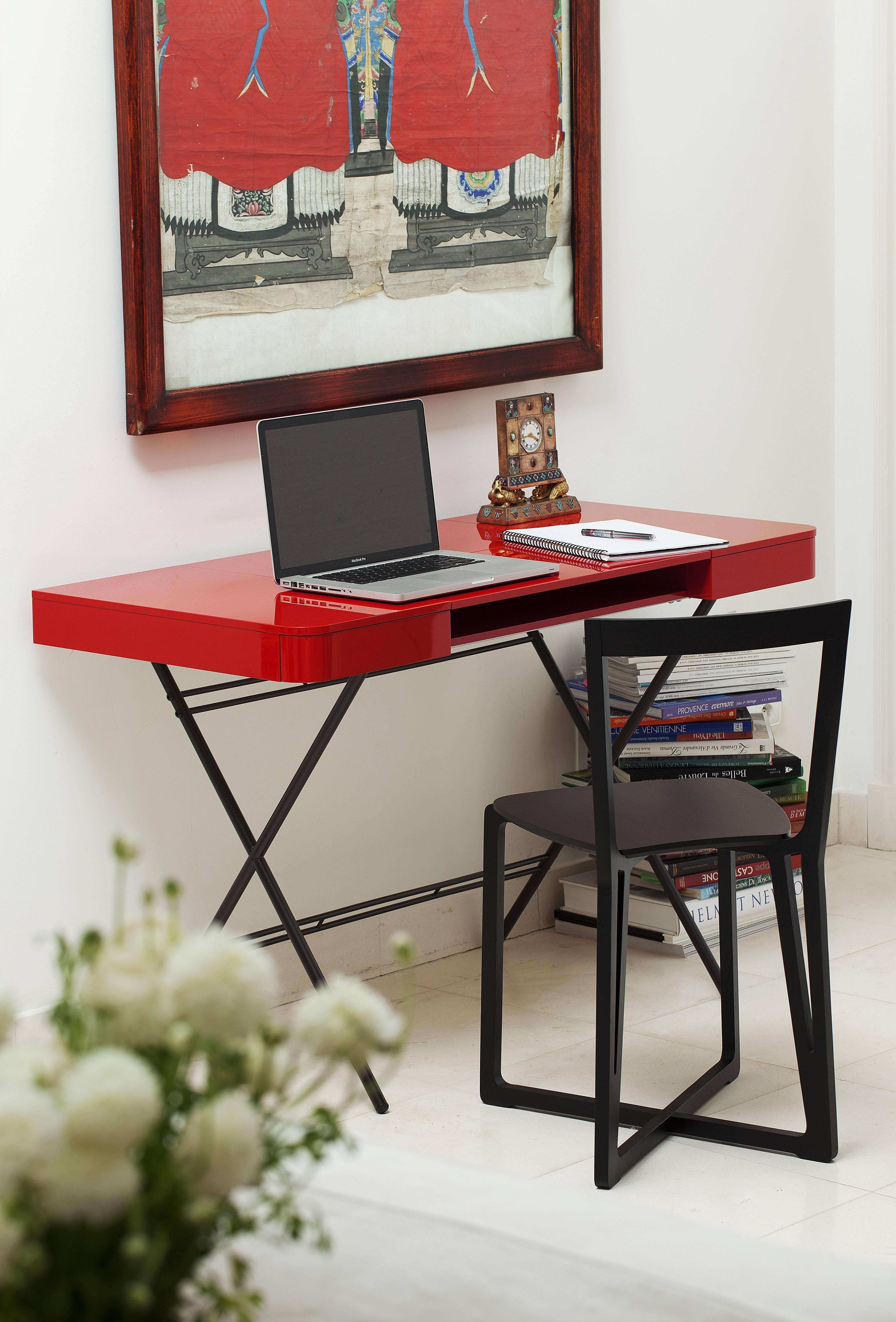 Metal Contemporary Cosimo Desk by Marco Zanuso Jr. Red Glossy Lacquered Top For Sale