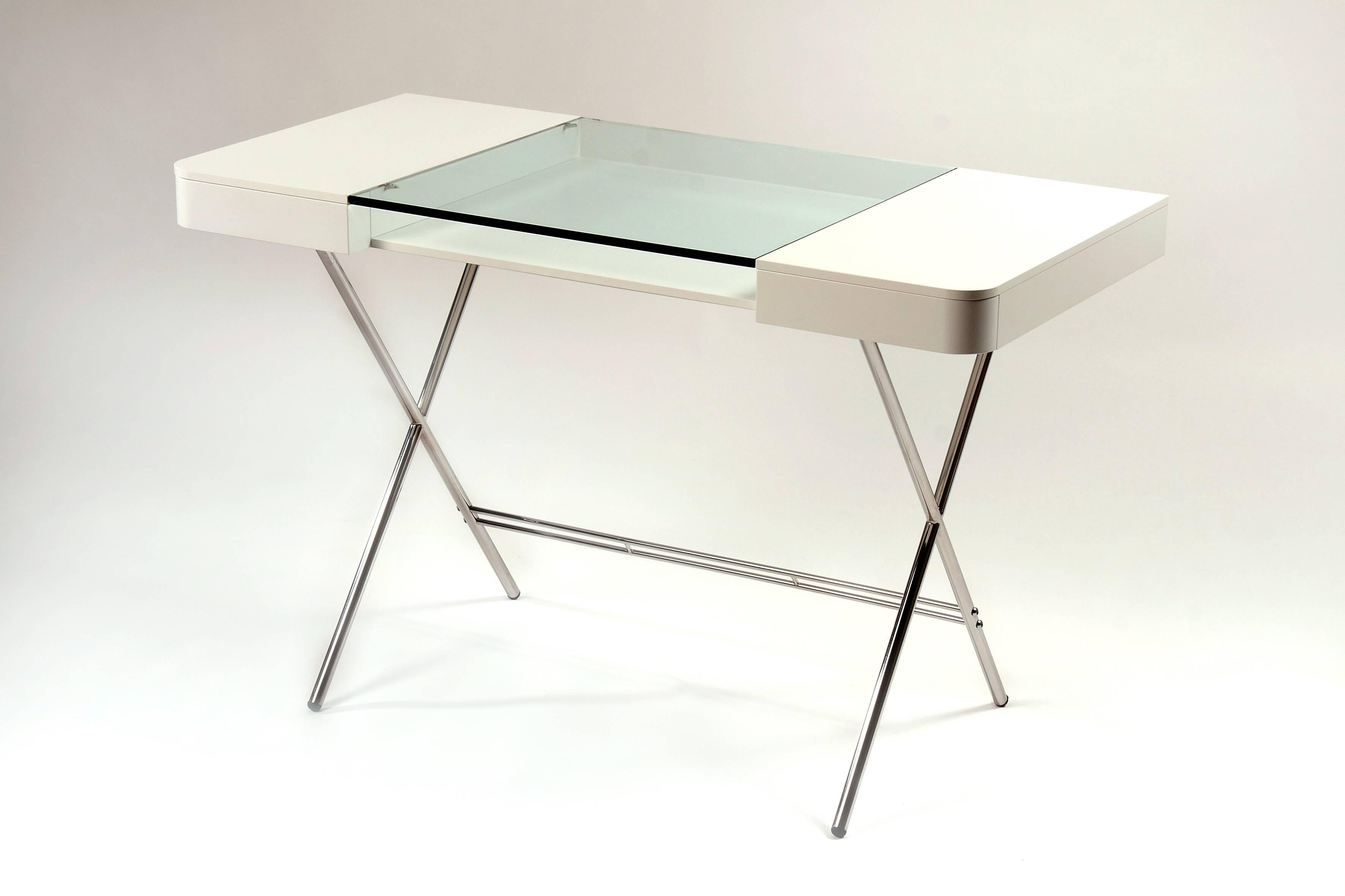 French Contemporary Cosimo Desk by Marco Zanuso Jr. White Mat Lacquered and Glass Top For Sale
