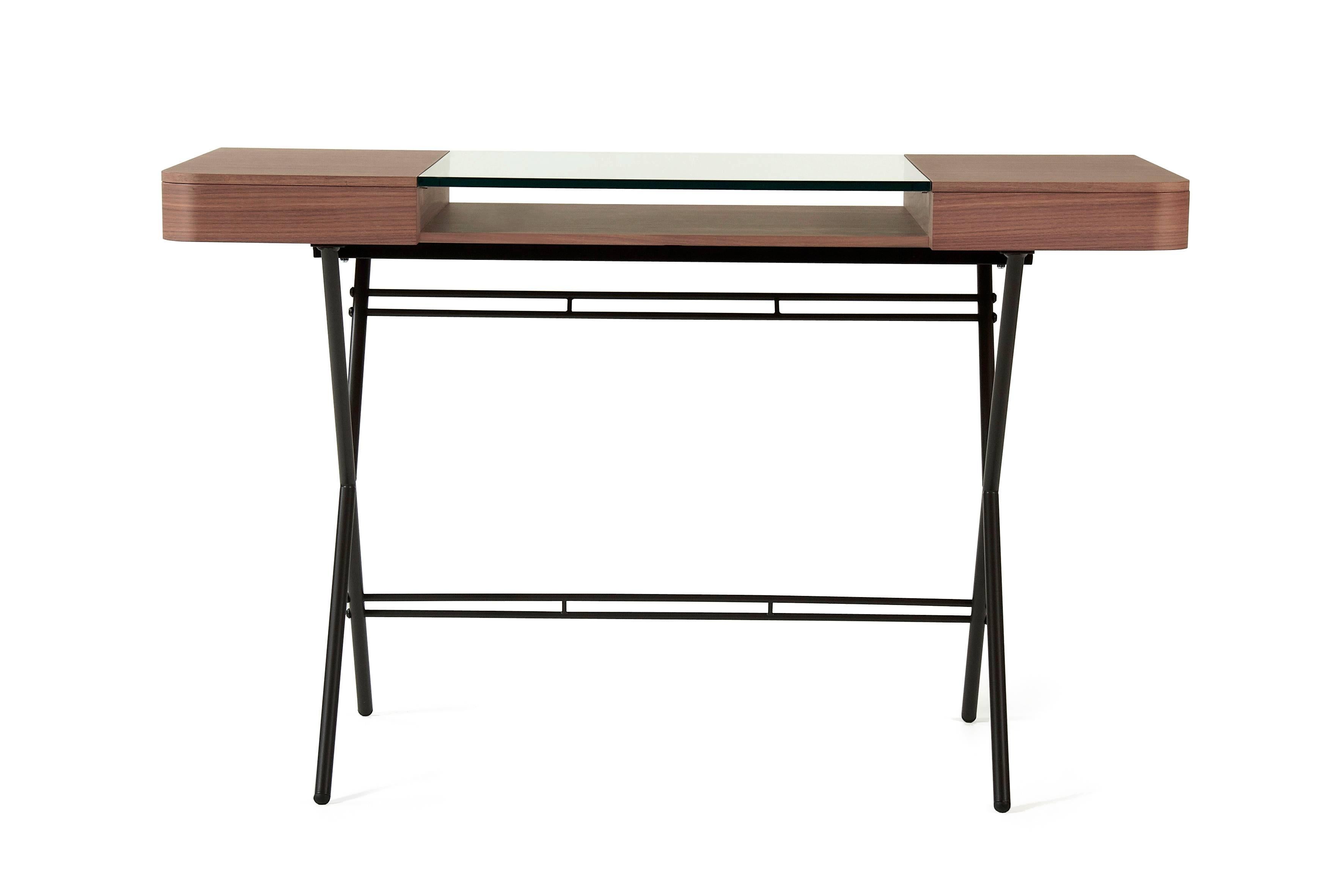 Modern Contemporary Cosimo Desk by Marco Zanuso Jr. with Walnut Veneer and Glass Top For Sale