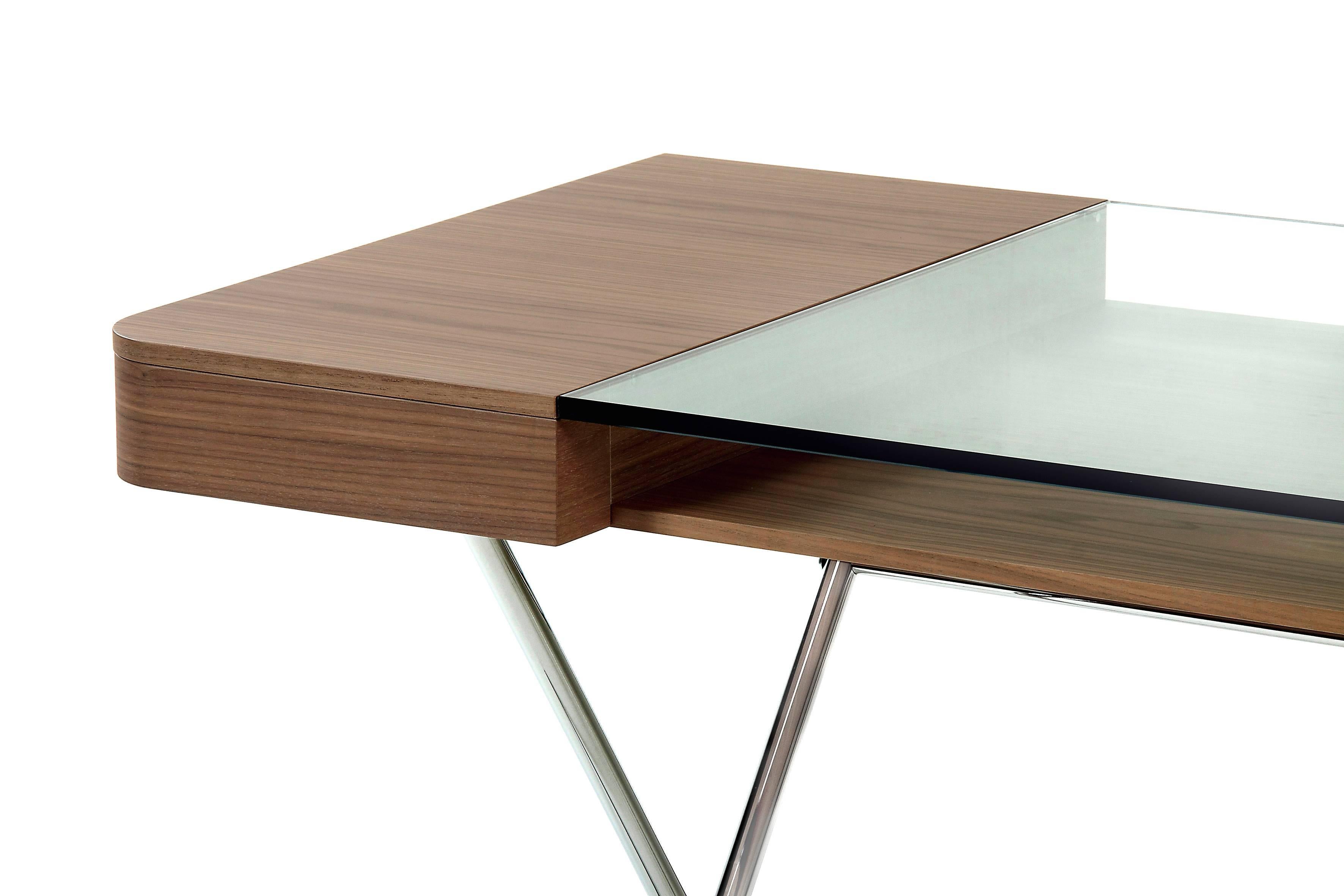 French Contemporary Cosimo Desk by Marco Zanuso Jr. with Walnut Veneer and Glass Top For Sale