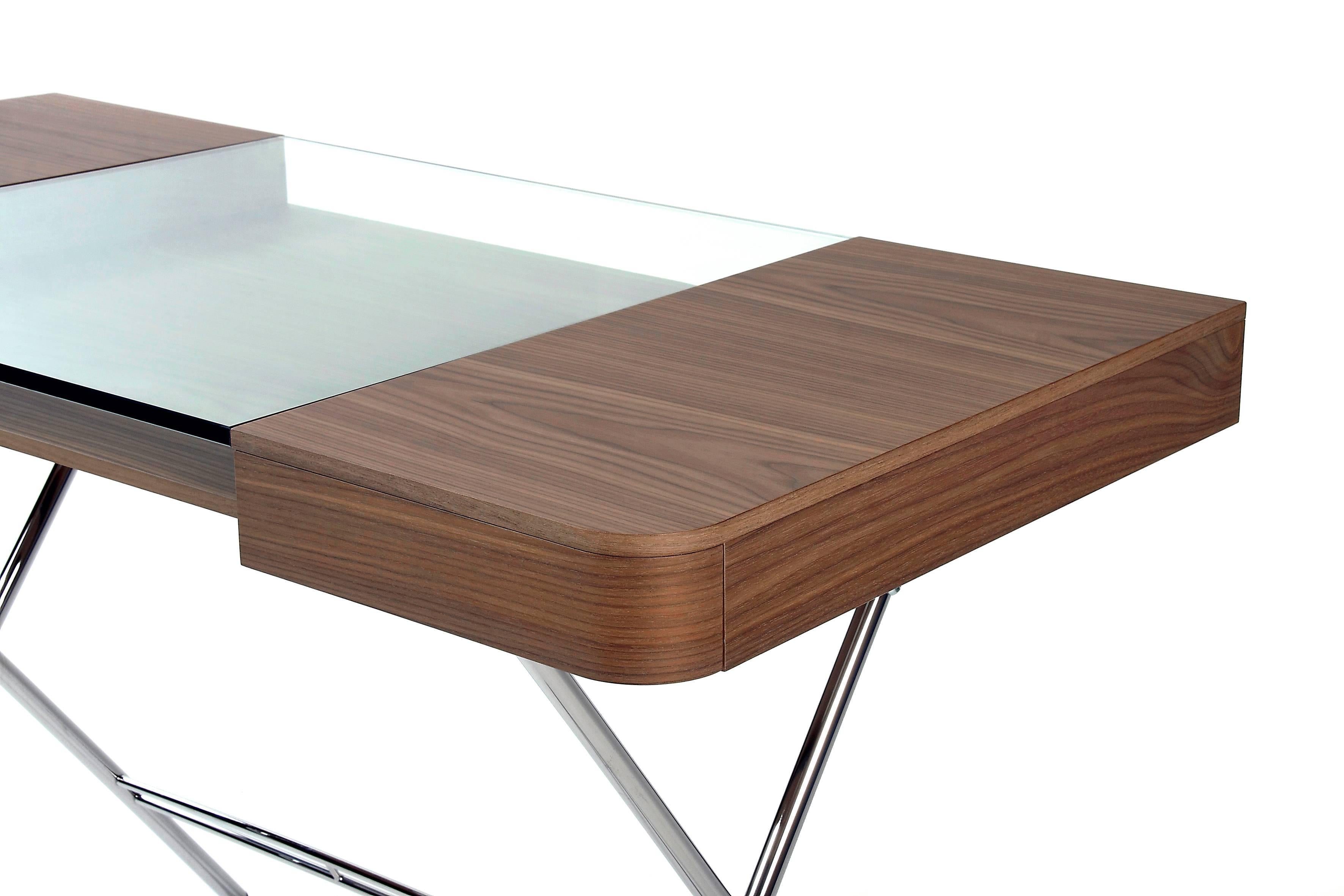 Lacquered Contemporary Cosimo Desk by Marco Zanuso Jr. with Walnut Veneer and Glass Top For Sale