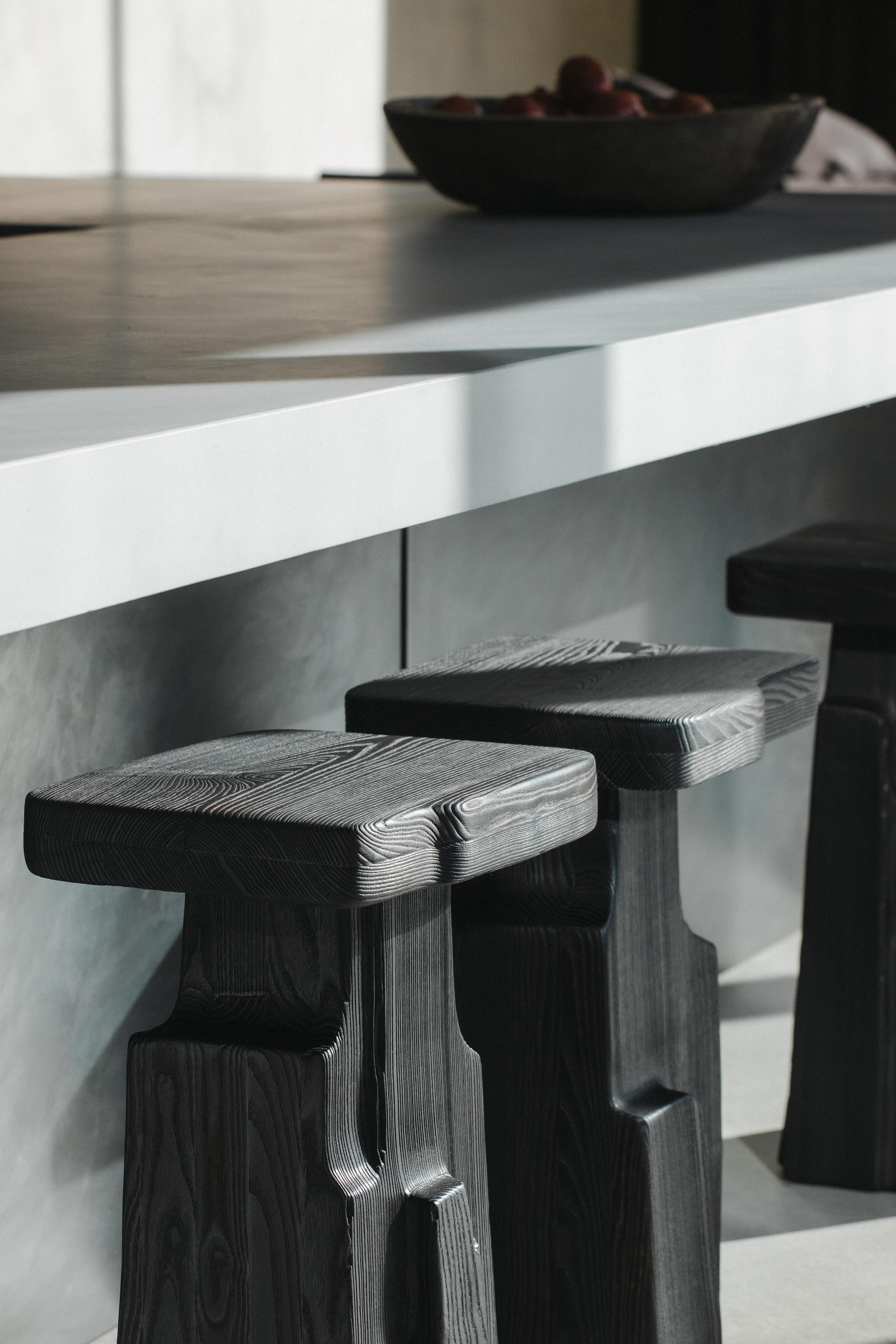 Stone Contemporary Counter Stool 'THARO' by Eichkorn, Burnt Wood, Customizable For Sale