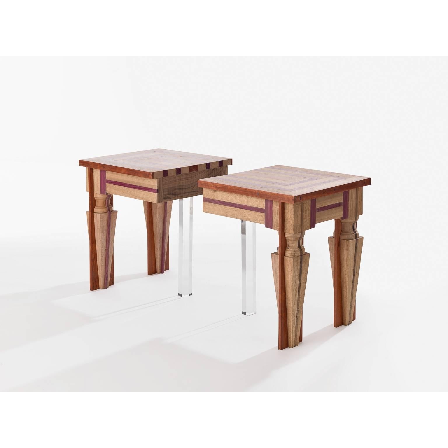 This contemporary set of side tables is made of handcrafted Amazonian woods (Freijo, Muirapiranga), handcrafted Italian nut and acrylic.

This piece is the result of artisanal production process, which makes it extremely unique. Therefore, any