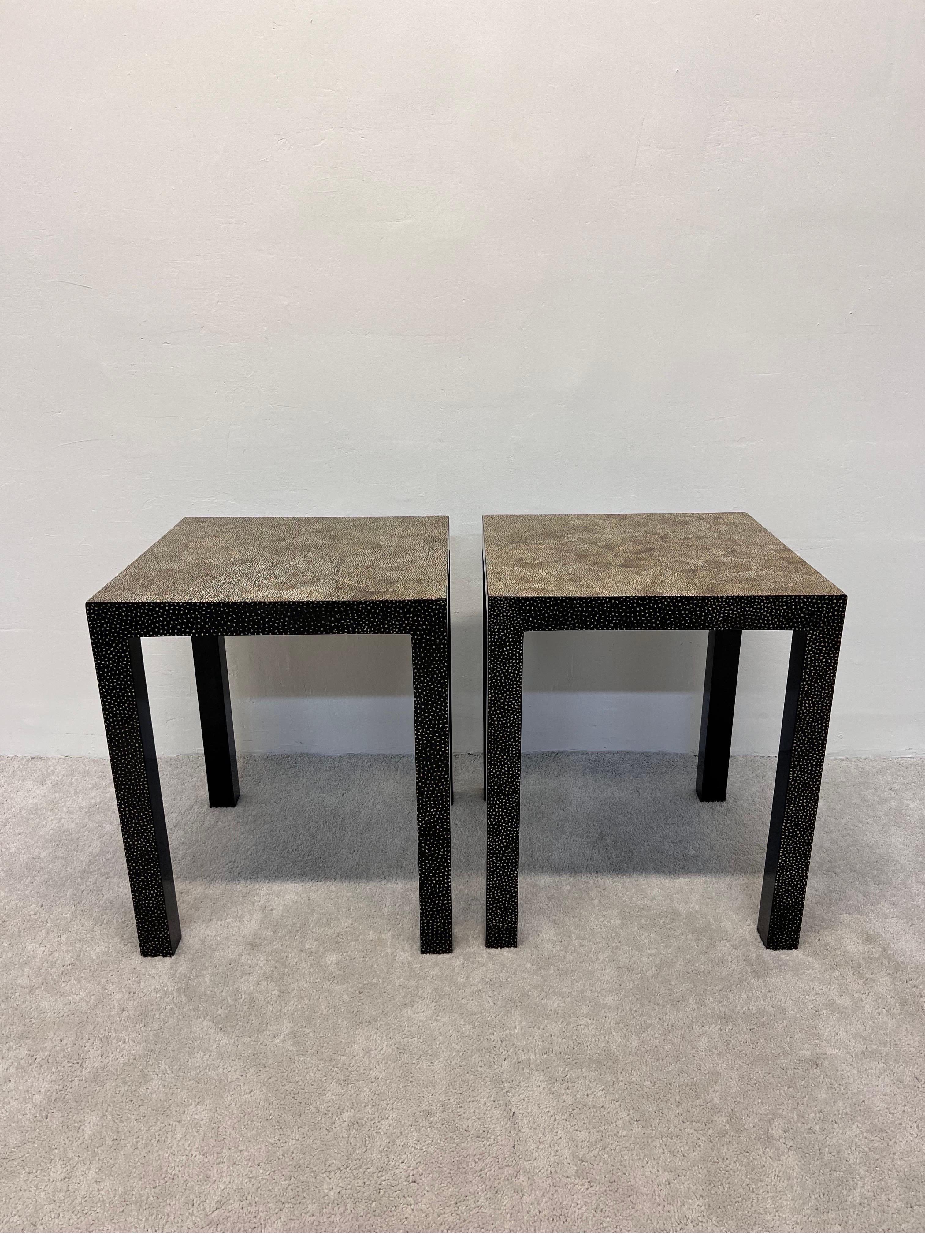 Pair of parsons style cracked eggshell and lacquered side tables by Palecek, 1990s.