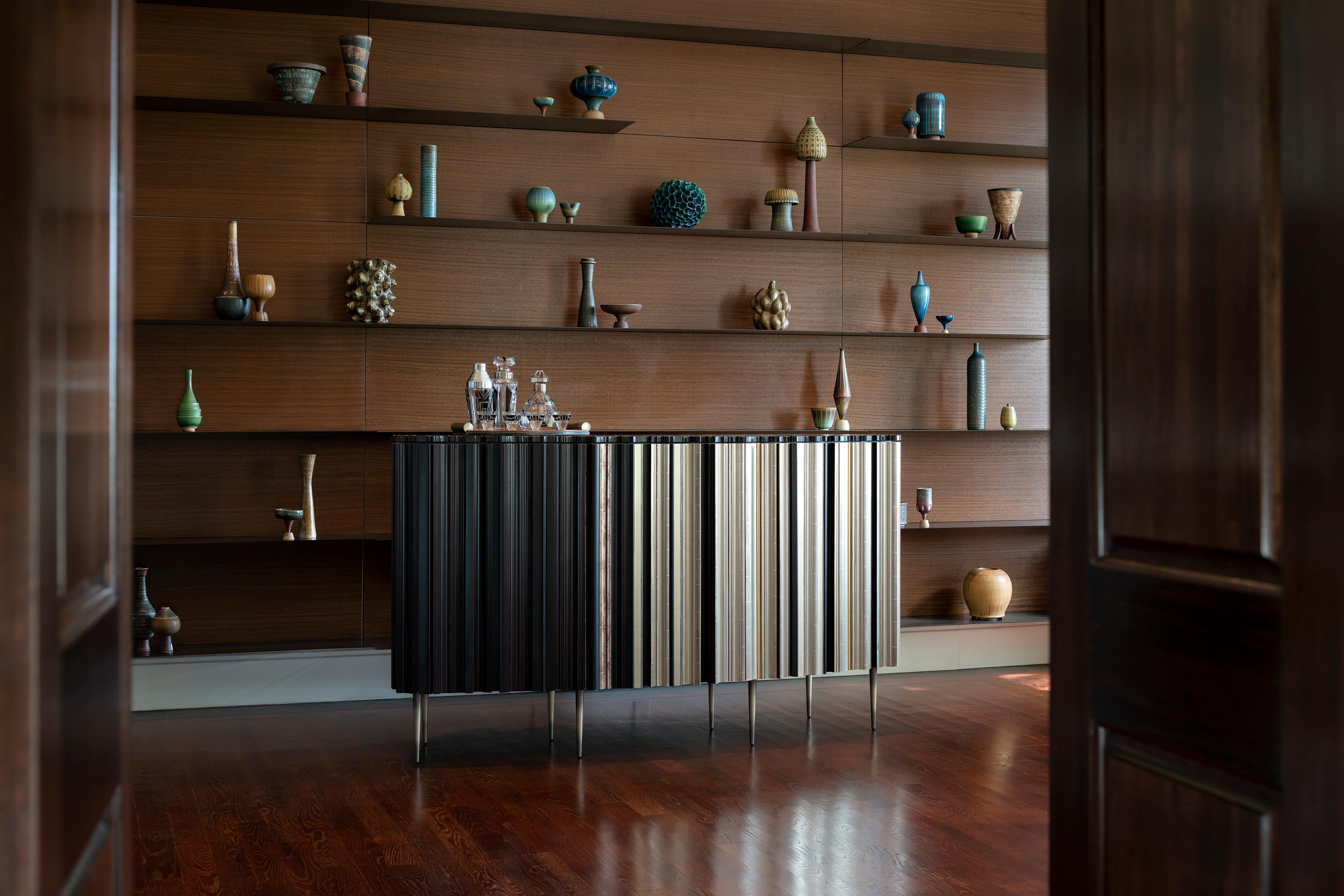 American Contemporary Crafted Gold Leaf and Darkened Wood Molding Credenza by Luis Pons For Sale